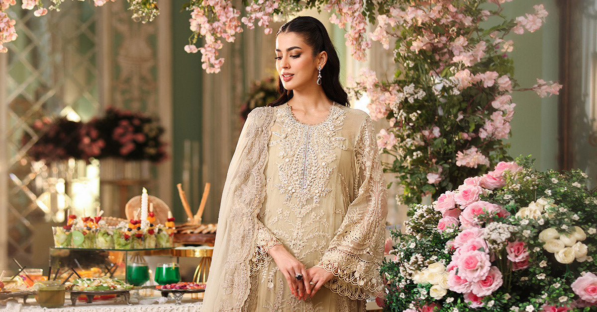 Maria b | Chiffon Formals 26 | MPC-26-103-Olive Gold - Formal Dress - available at Maria Faisal in UK and USA.