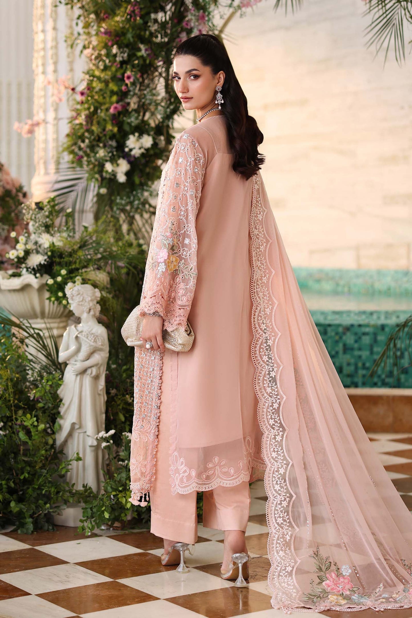 Maria b | Chiffon Formals 26 | MPC-26-104-Peach Pink - Formal Dress - available at Maria Faisal in UK and USA.