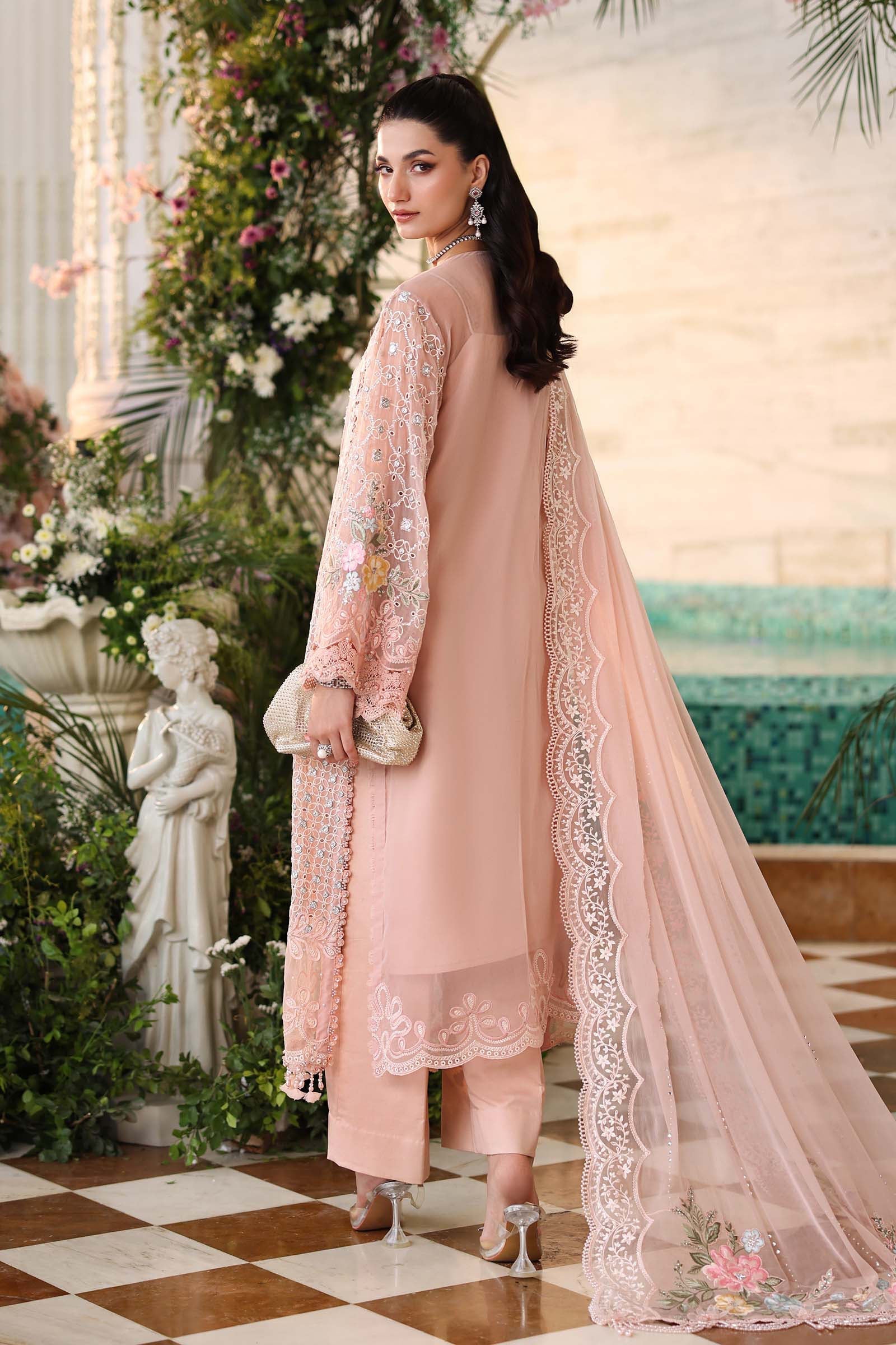 Maria b | Chiffon Formals 26 | MPC-26-104-Peach Pink - Formal Dress - available at Maria Faisal in UK and USA.