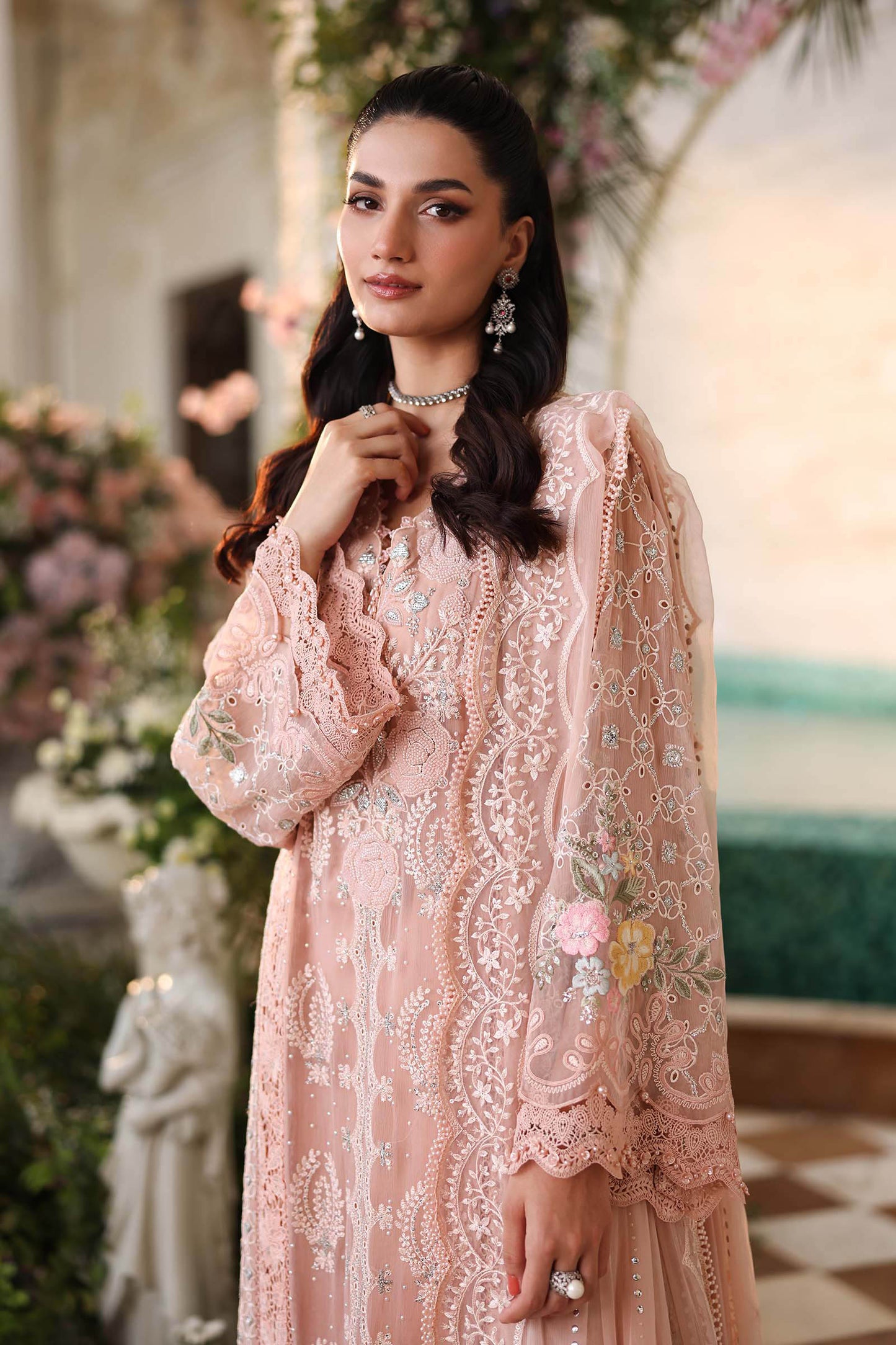 Maria b | Chiffon Formals 26 | MPC-26-104-Peach Pink - Formal Dress - available at Maria Faisal in UK and USA.