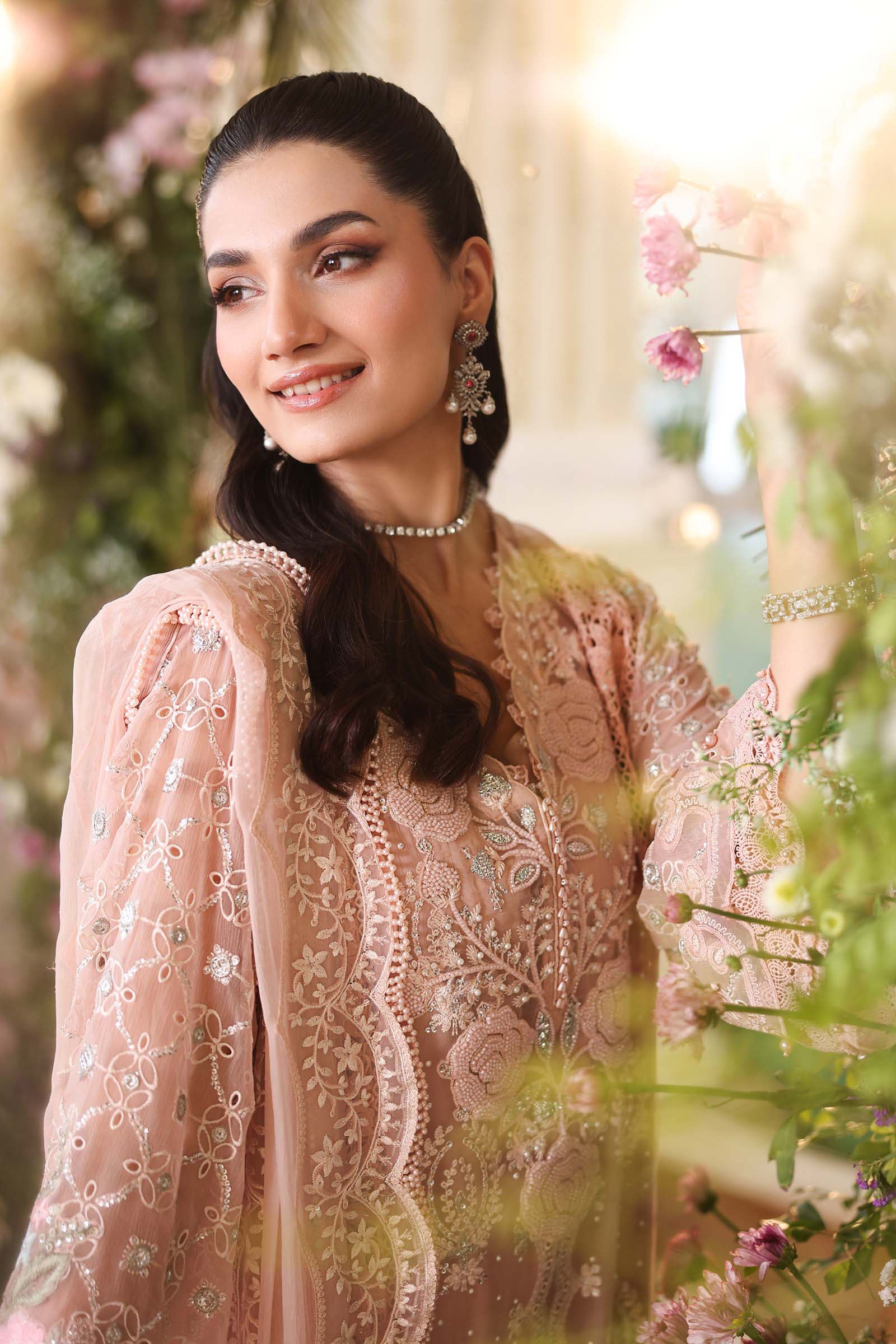 Maria b | Chiffon Formals 26 | MPC-26-104-Peach Pink - Formal Dress - available at Maria Faisal in UK and USA.