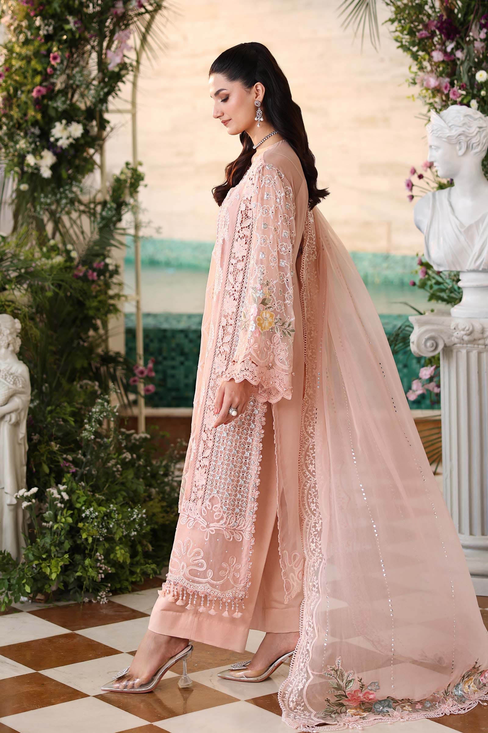 Maria b | Chiffon Formals 26 | MPC-26-104-Peach Pink - Formal Dress - available at Maria Faisal in UK and USA.