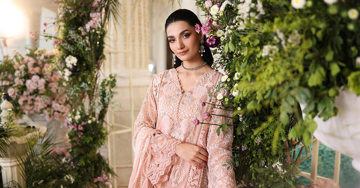 Maria b | Chiffon Formals 26 | MPC-26-104-Peach Pink - Formal Dress - available at Maria Faisal in UK and USA.