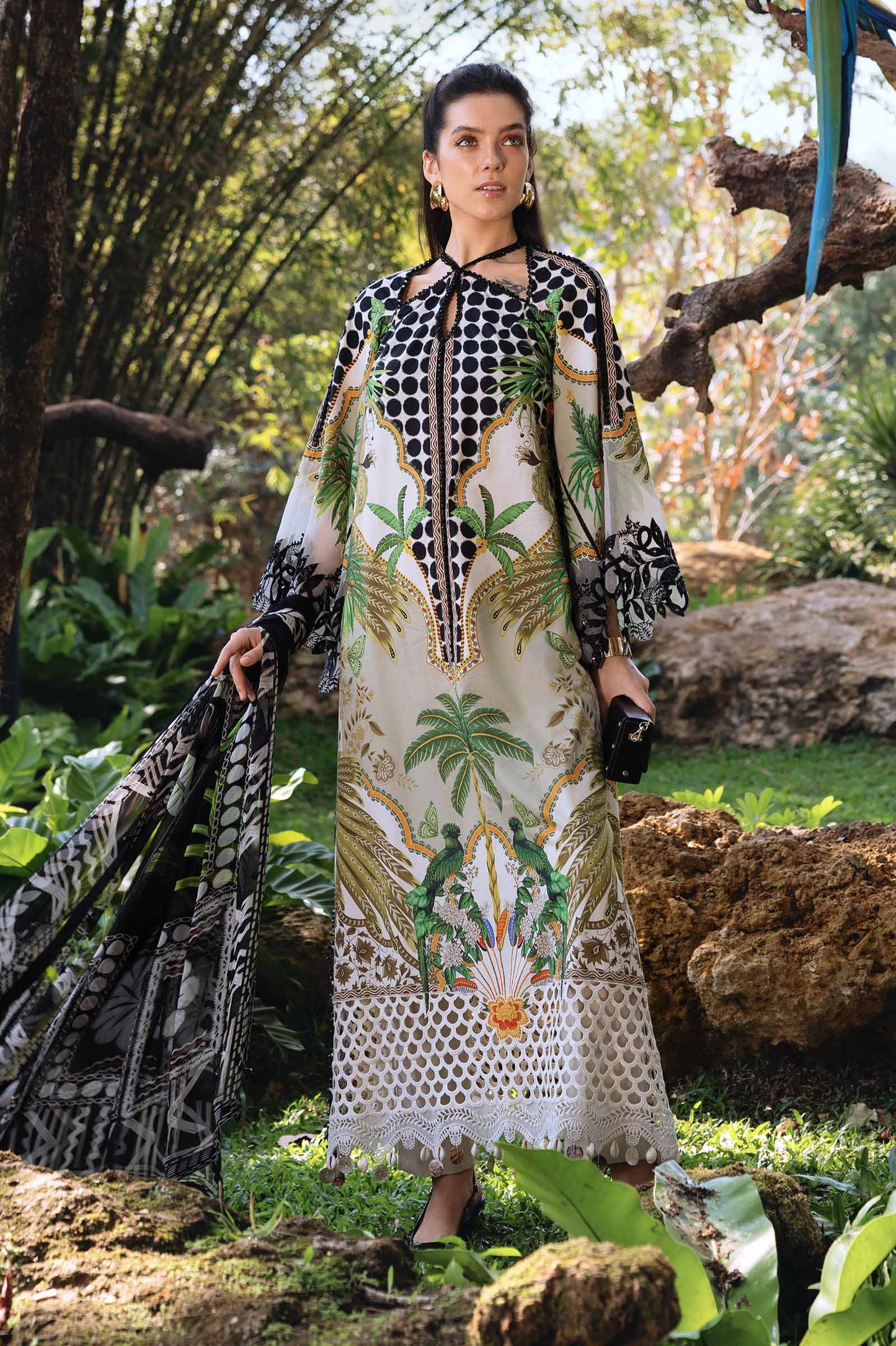 Coffee and White Lawn Long Shirt with Pants - Maria B | M Prints Eid'26 | MPT-2905-A - Ladies Clothes - Maria Faisal
