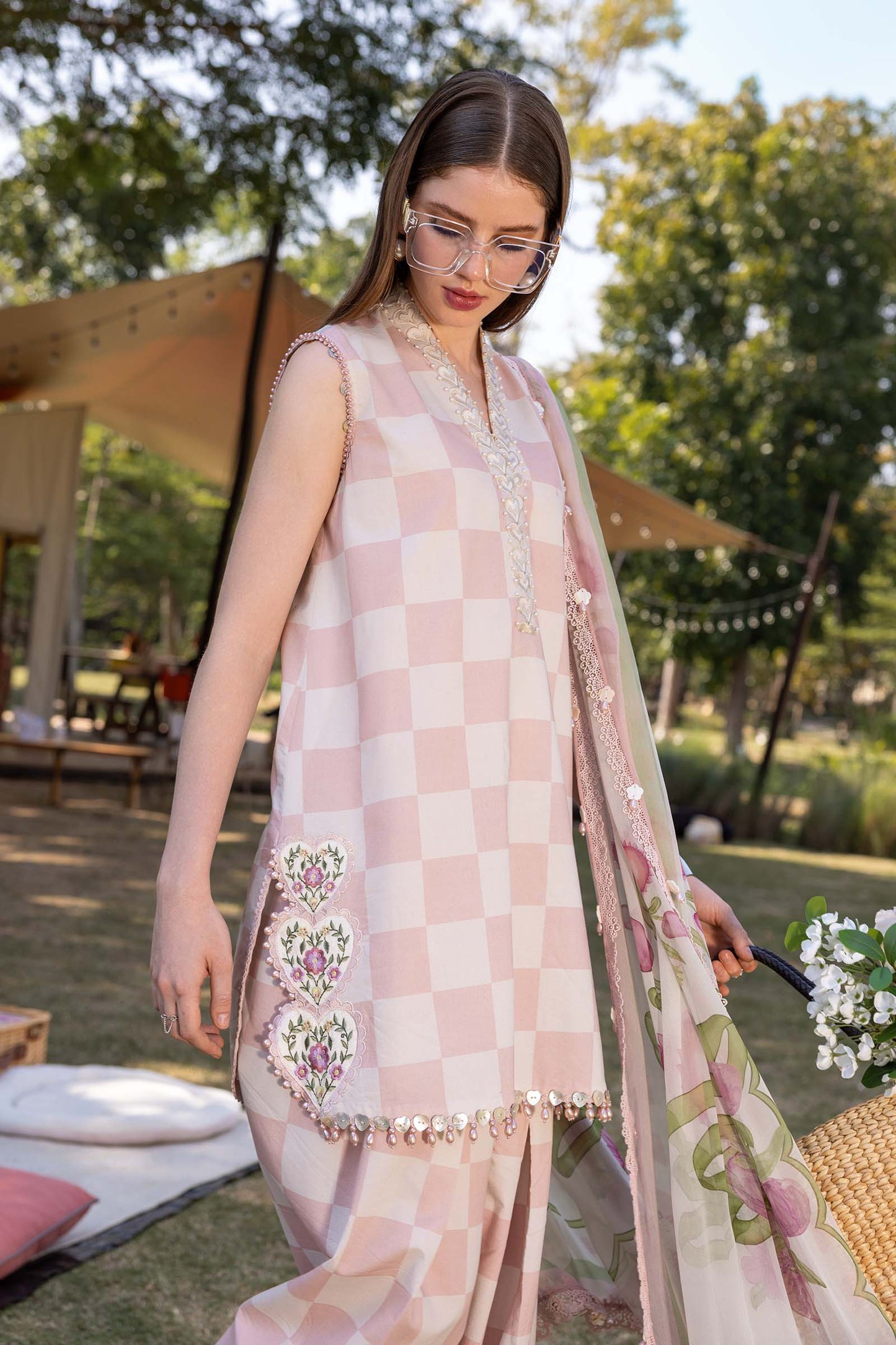 Off White and Pink Short Shirt with Shalwar - Maria B | M Prints Eid'26 | MPT-2906-A - Ladies Clothes - Maria Faisal