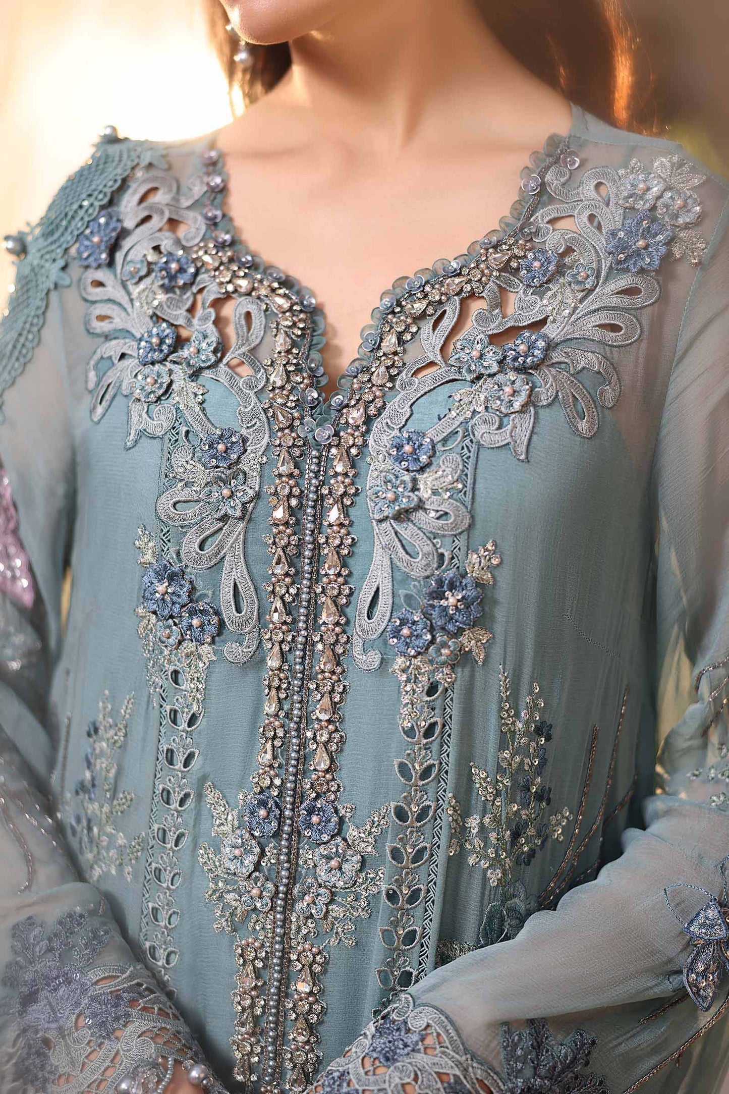 Maria b | Chiffon Formals 26 | MPC-26-106-Slate Blue - Formal Dress - available at Maria Faisal in UK and USA.