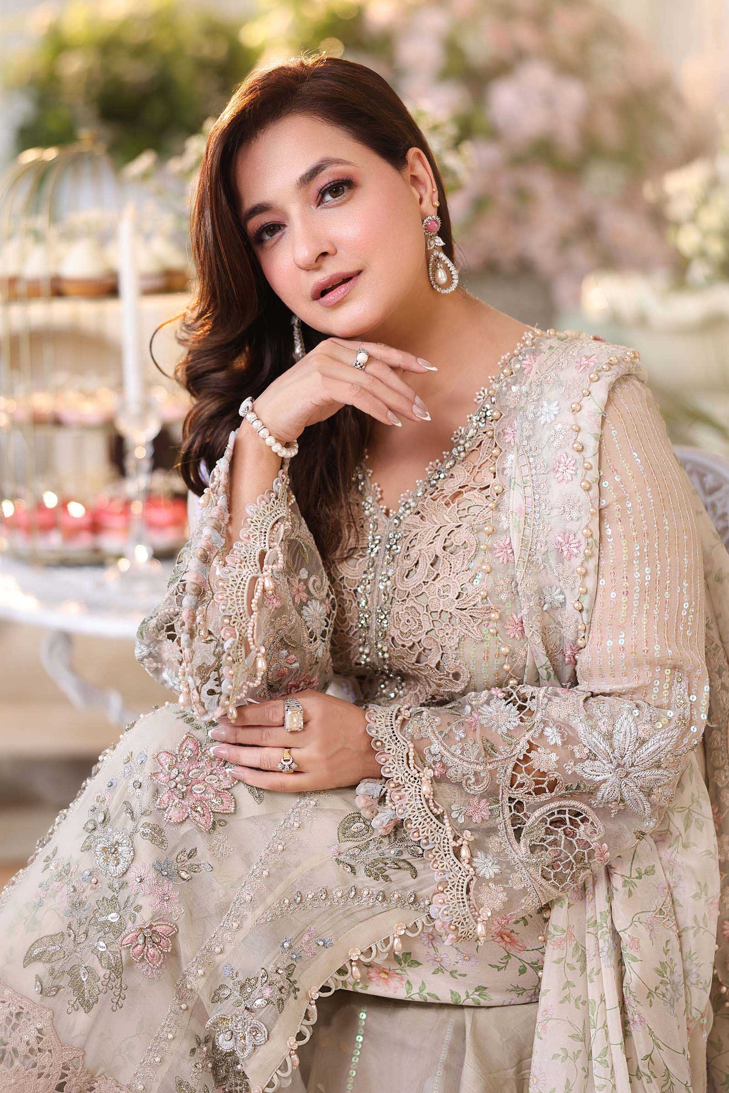 Maria b | Chiffon Formals 26 | MPC-26-107-Ivory Beige - Formal Dress - available at Maria Faisal in UK and USA.