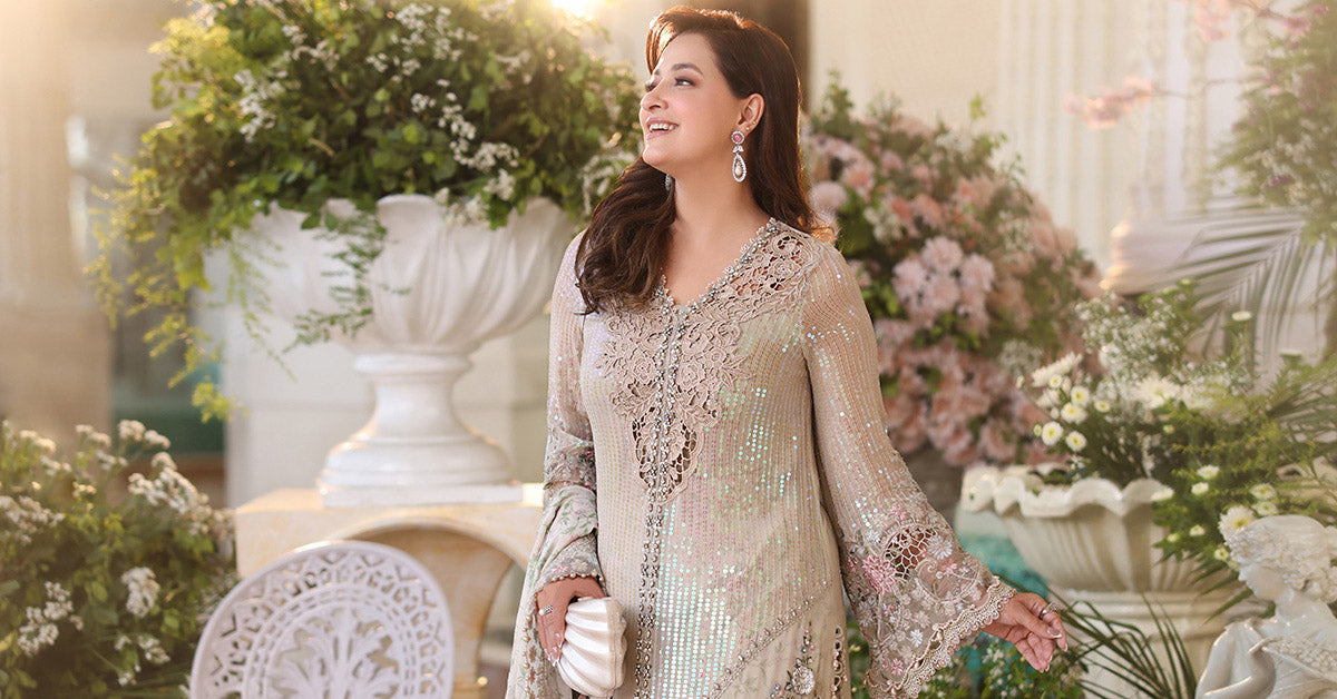 Maria b | Chiffon Formals 26 | MPC-26-107-Ivory Beige - Formal Dress - available at Maria Faisal in UK and USA.