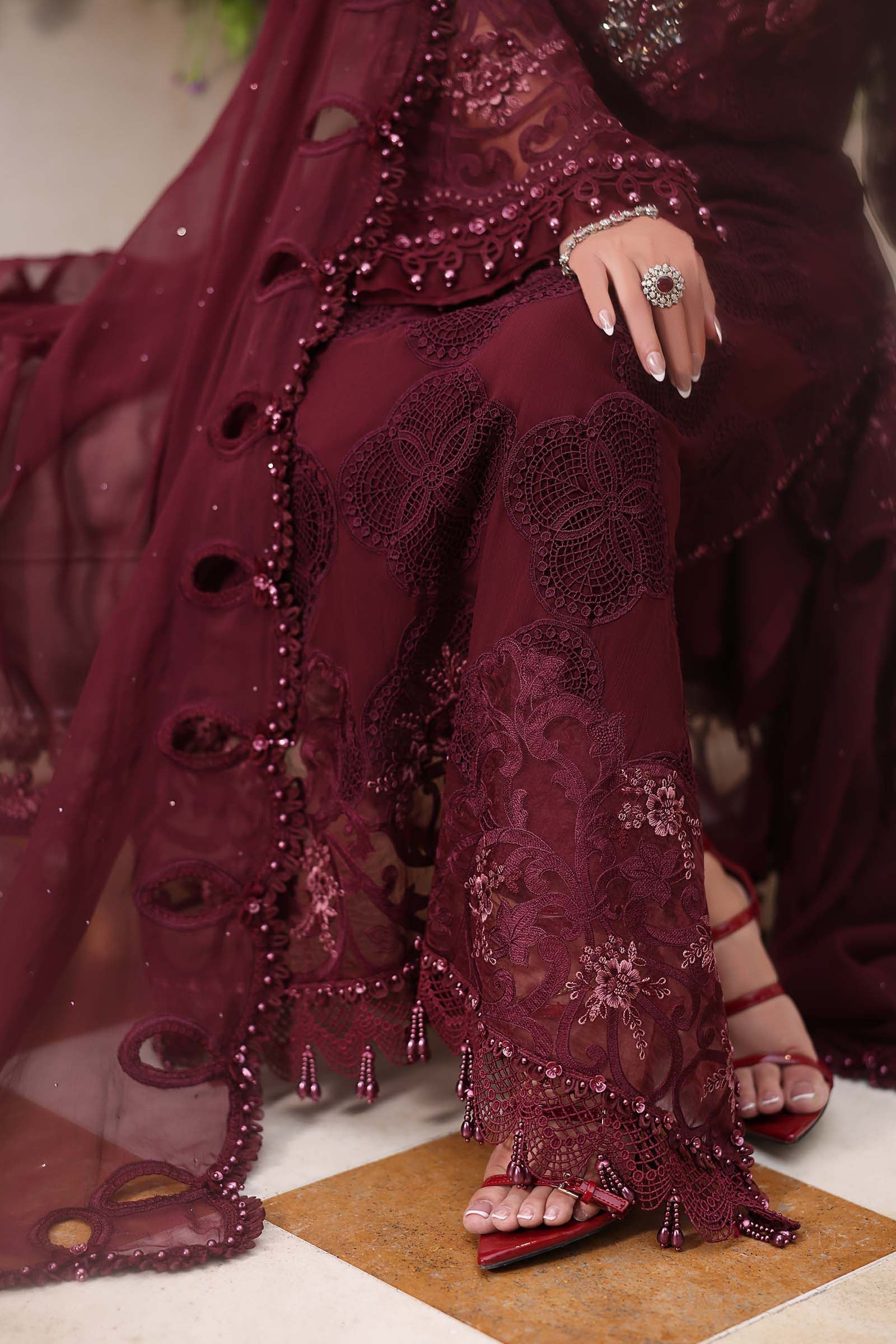 Maria b | Chiffon Formals 26 | MPC-26-108-Burgundy - Formal Dress - available at Maria Faisal in UK and USA.