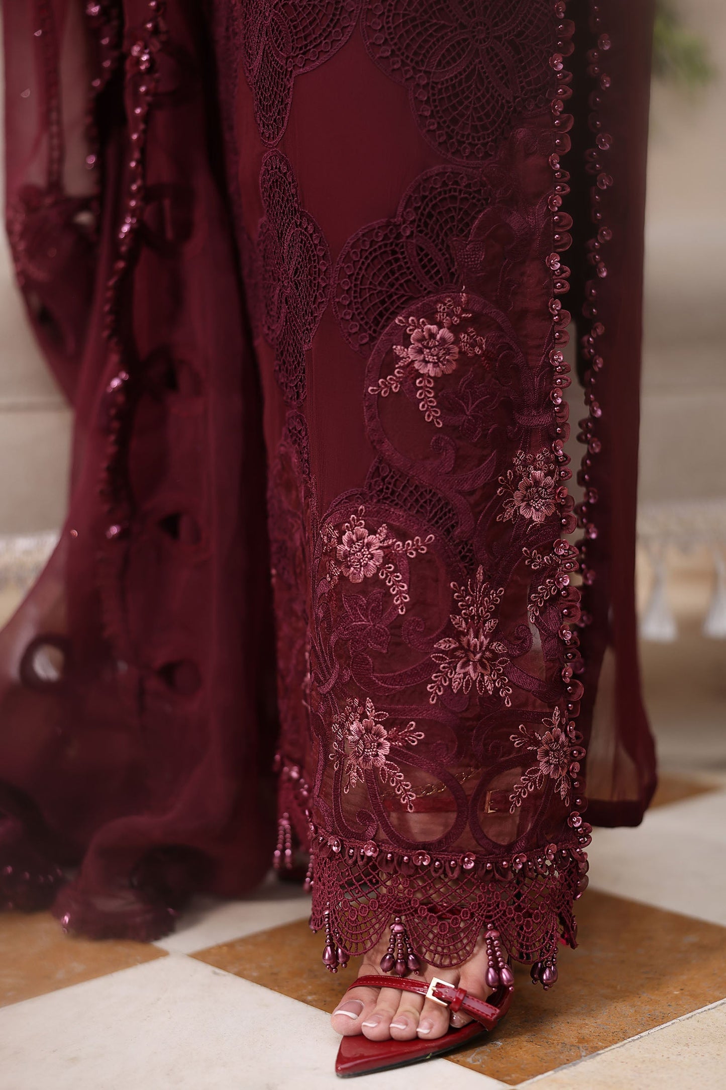 Maria b | Chiffon Formals 26 | MPC-26-108-Burgundy - Formal Dress - available at Maria Faisal in UK and USA.