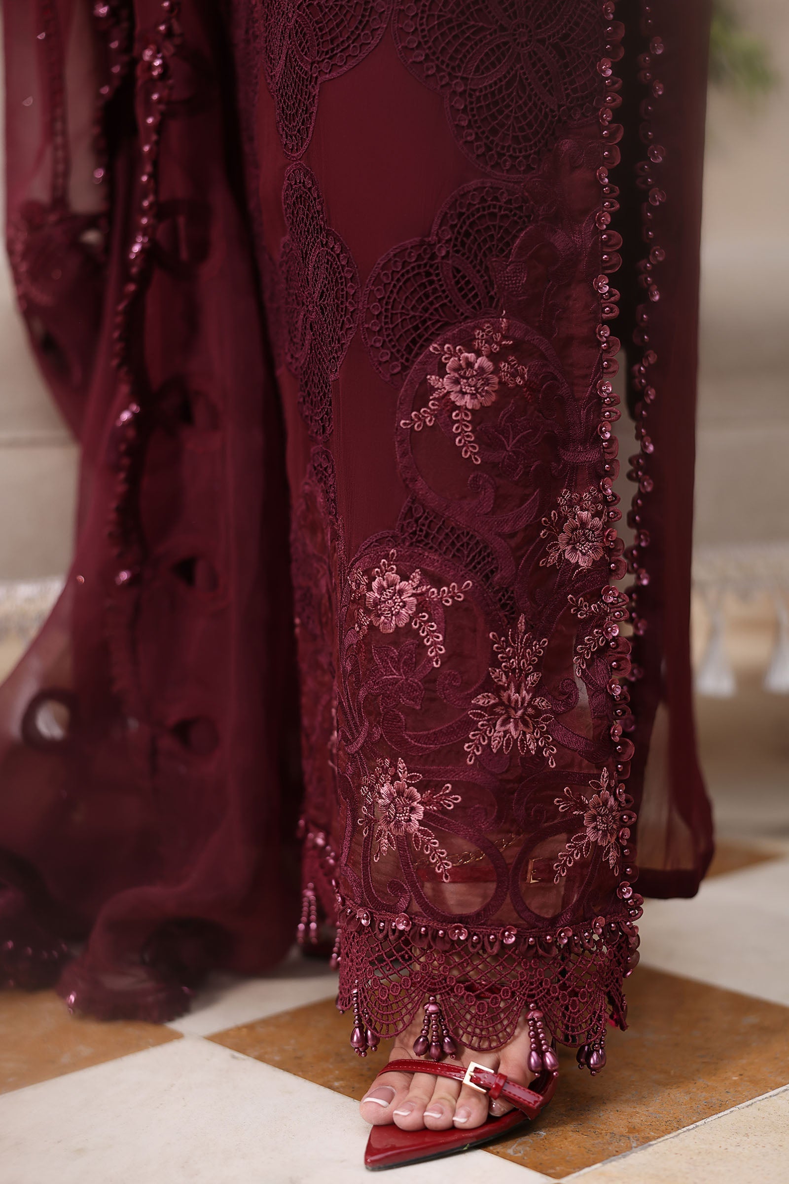 Maria b | Chiffon Formals 26 | MPC-26-108-Burgundy - Formal Dress - available at Maria Faisal in UK and USA.