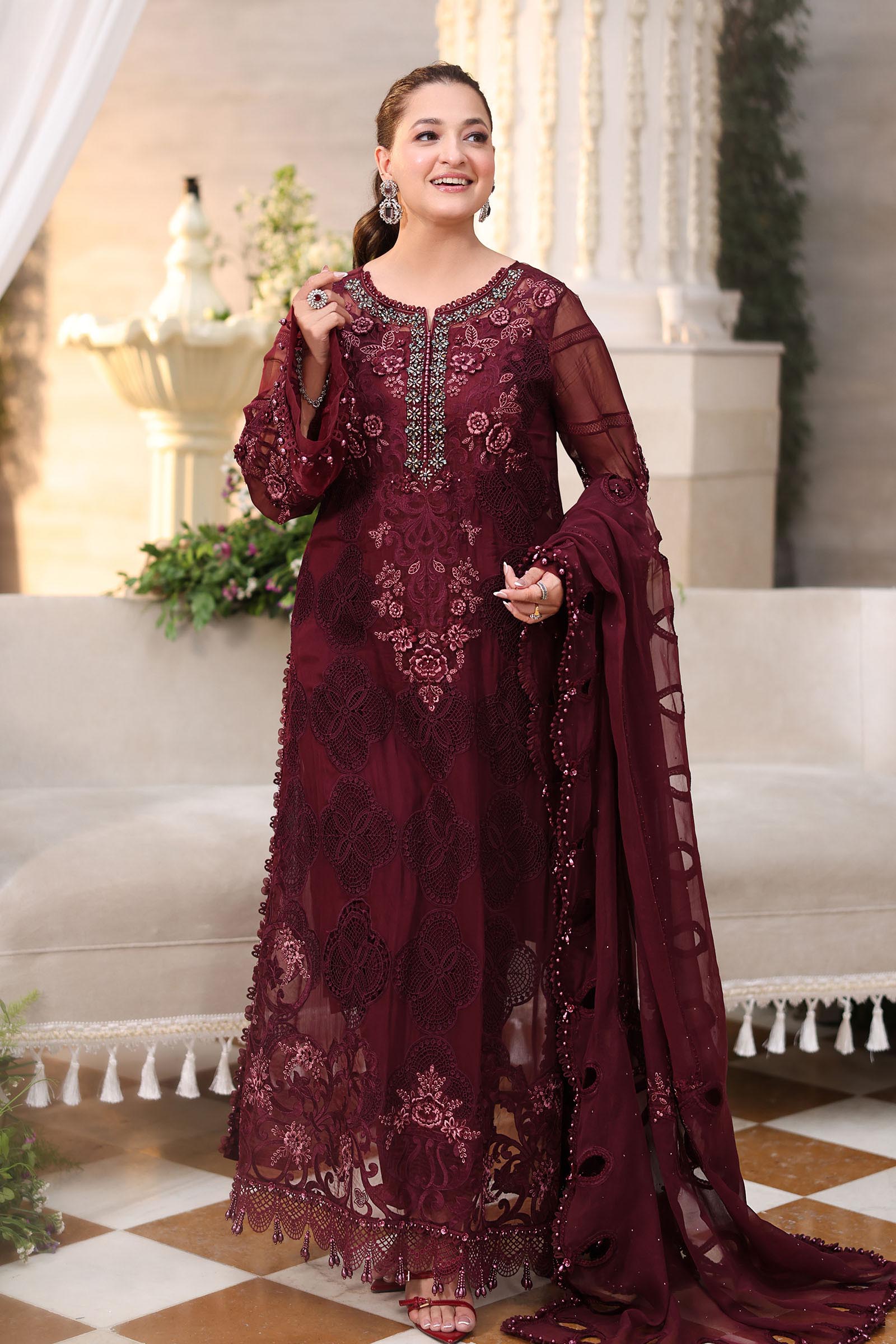 Maria b | Chiffon Formals 26 | MPC-26-108-Burgundy - Formal Dress - available at Maria Faisal in UK and USA.