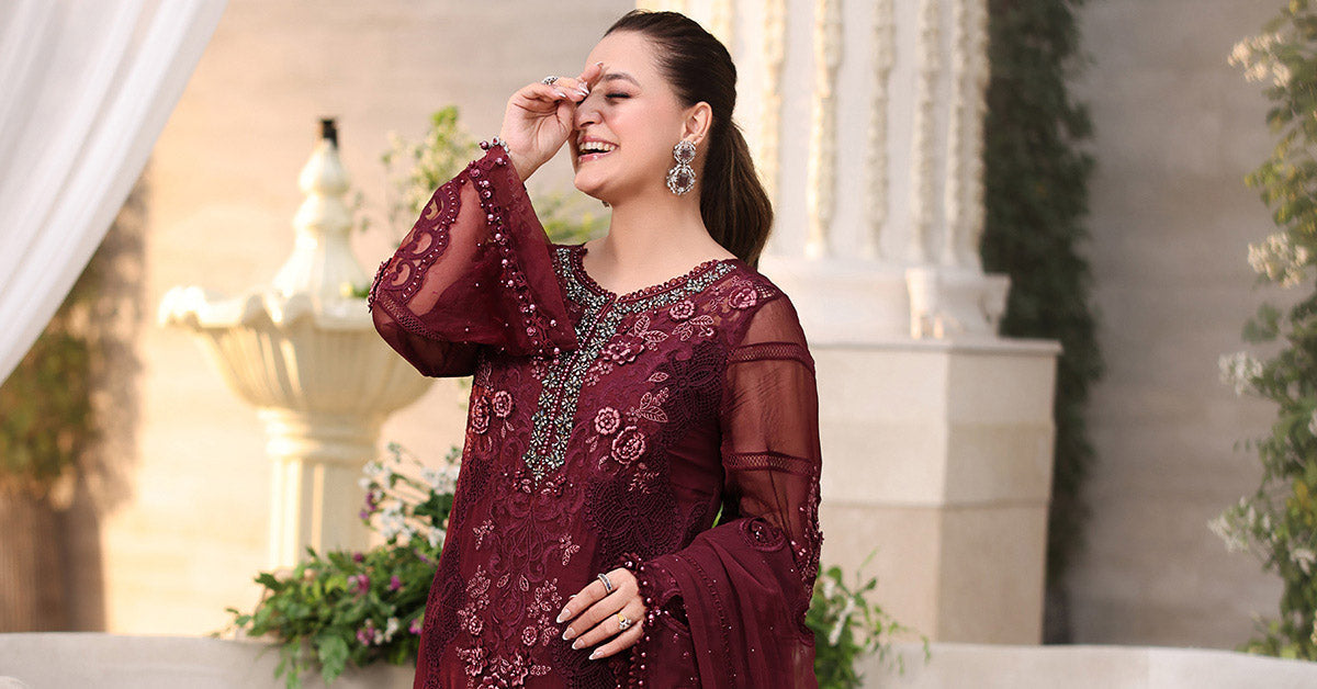 Maria b | Chiffon Formals 26 | MPC-26-108-Burgundy - Formal Dress - available at Maria Faisal in UK and USA.