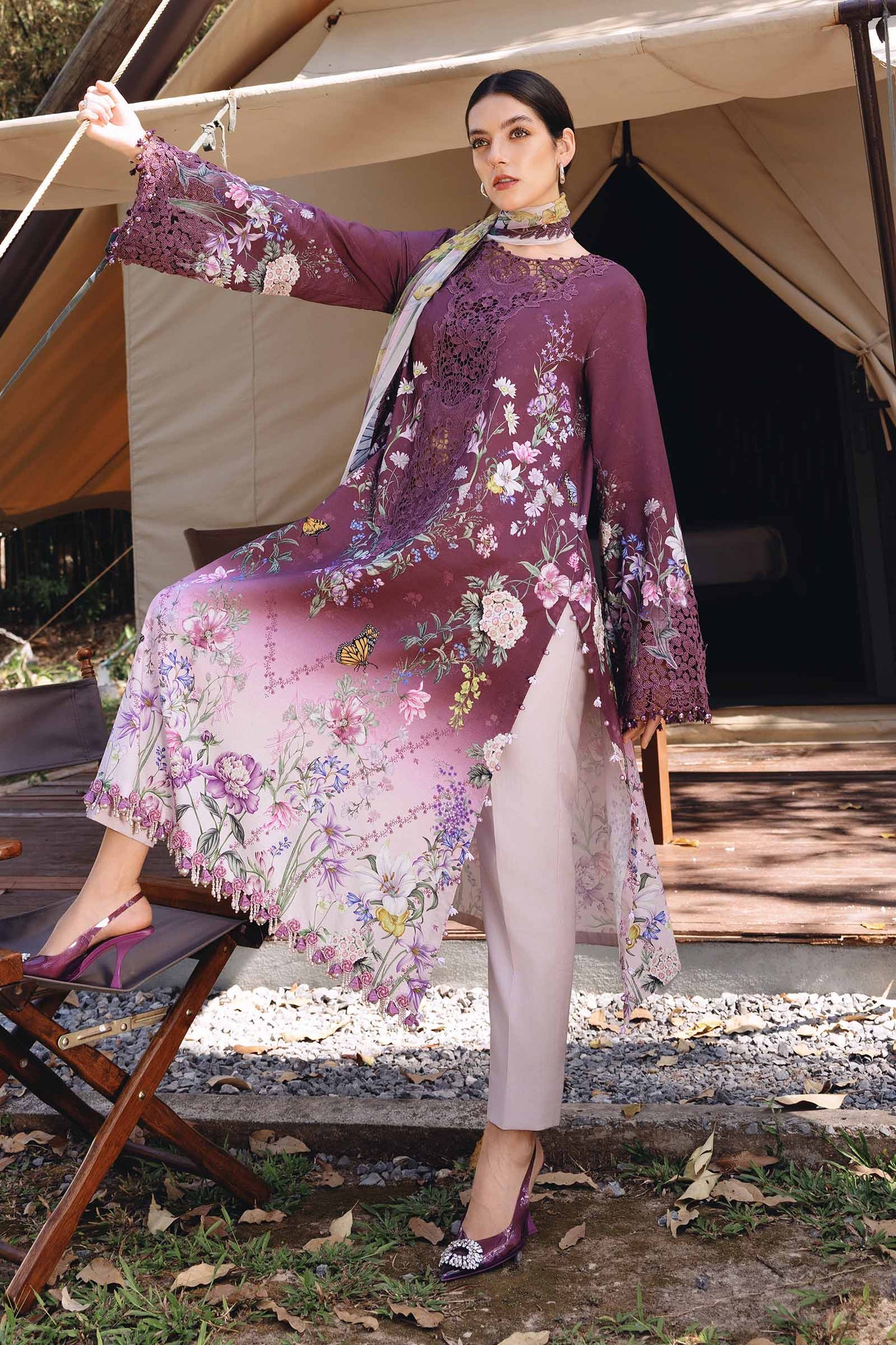 Plum Long Shirt with Pants - Maria B | M Prints Eid'26 | MPT-2909-B - Ladies Clothes - Maria Faisal