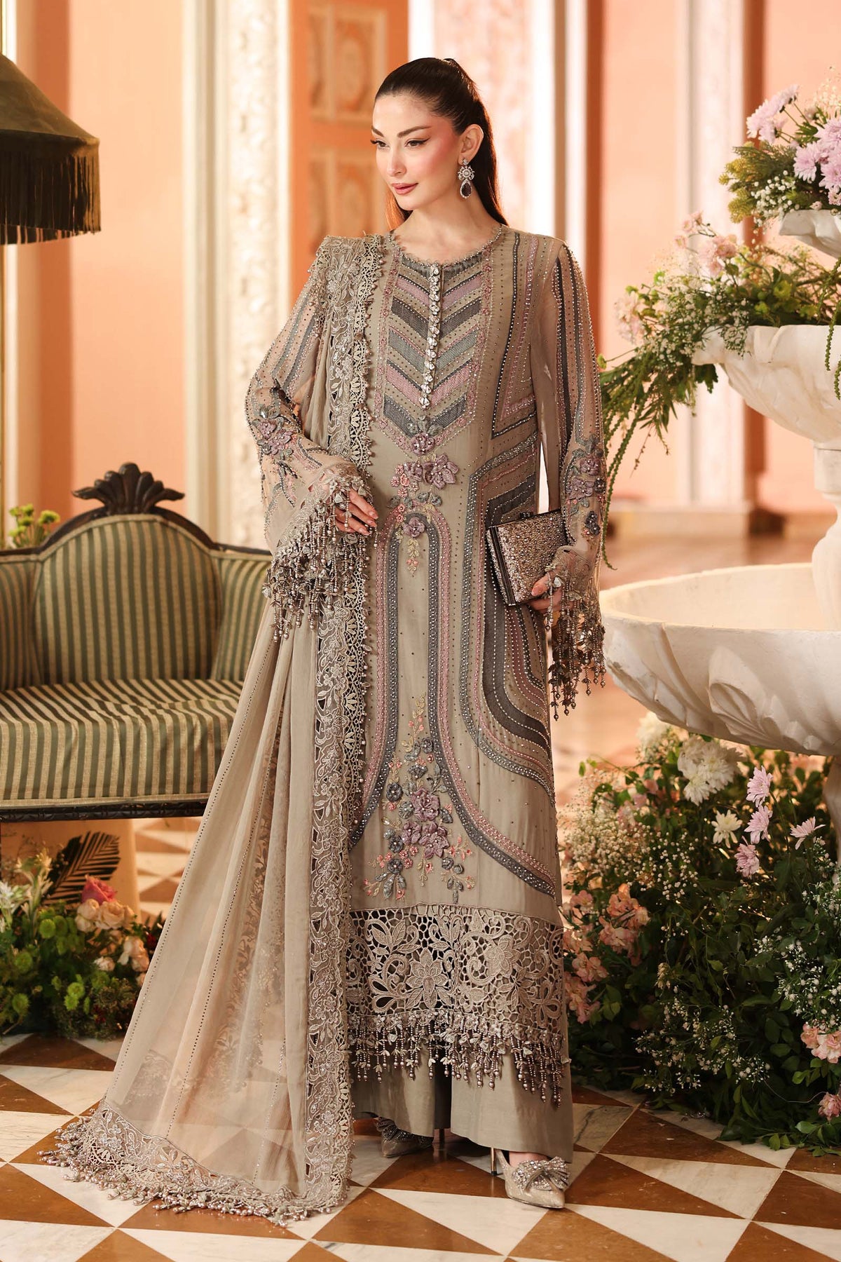 Maria B | Royale Tea Affair | MPC-26-201-Antique Grey - Formal Dress - available at Maria Faisal in UK and USA.