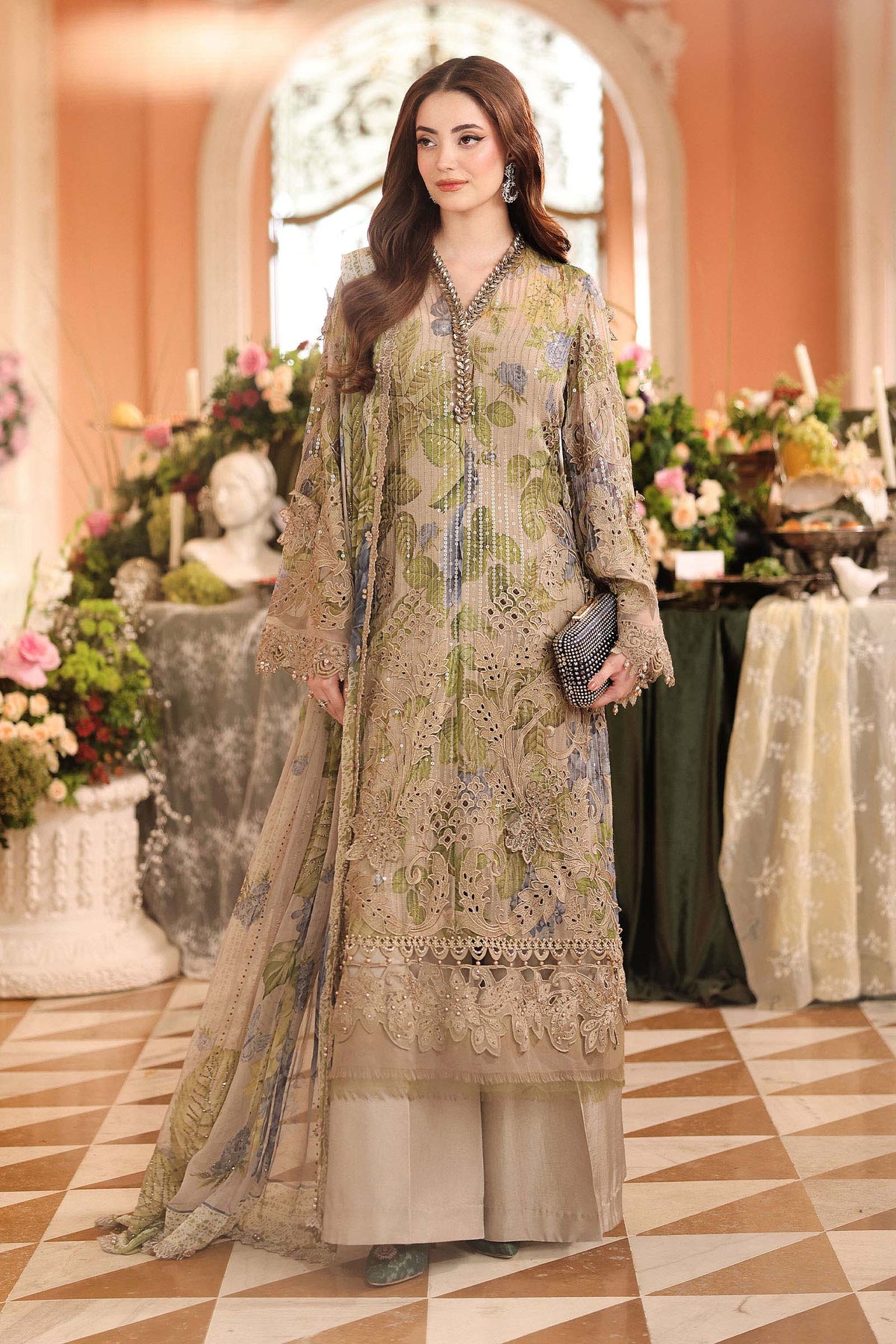 Maria B | Royale Tea Affair | MPC-26-203-Warm Beige - Formal Dress - available at Maria Faisal in UK and USA.