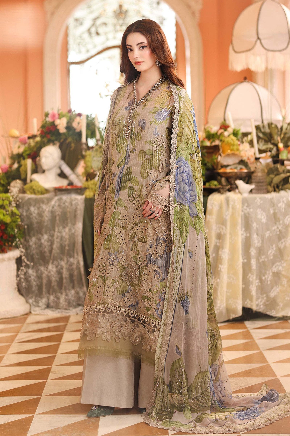 Maria B | Royale Tea Affair | MPC-26-203-Warm Beige - Formal Dress - available at Maria Faisal in UK and USA.