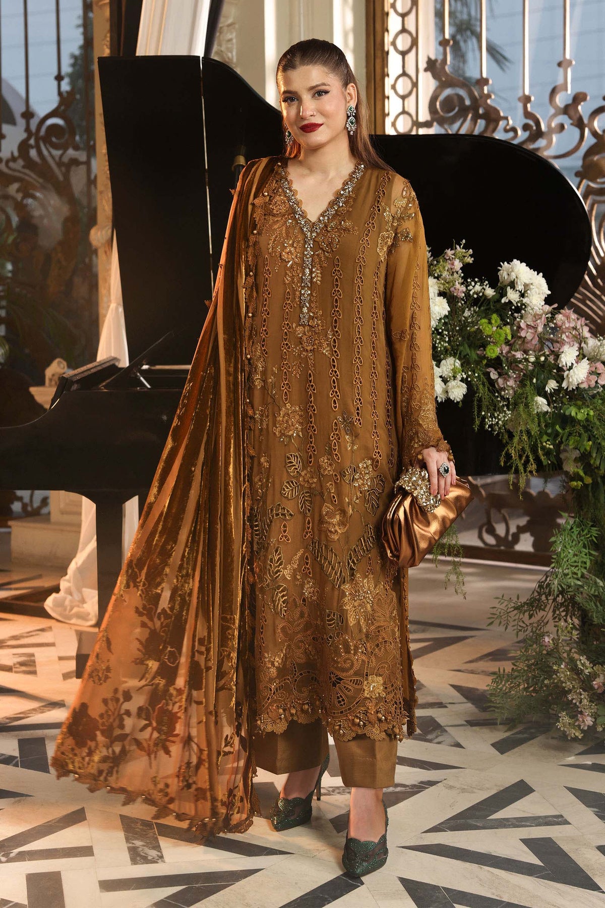 Maria B | Royale Tea Affair | MPC-26-205-Mustard - Formal Dress - available at Maria Faisal in UK and USA.