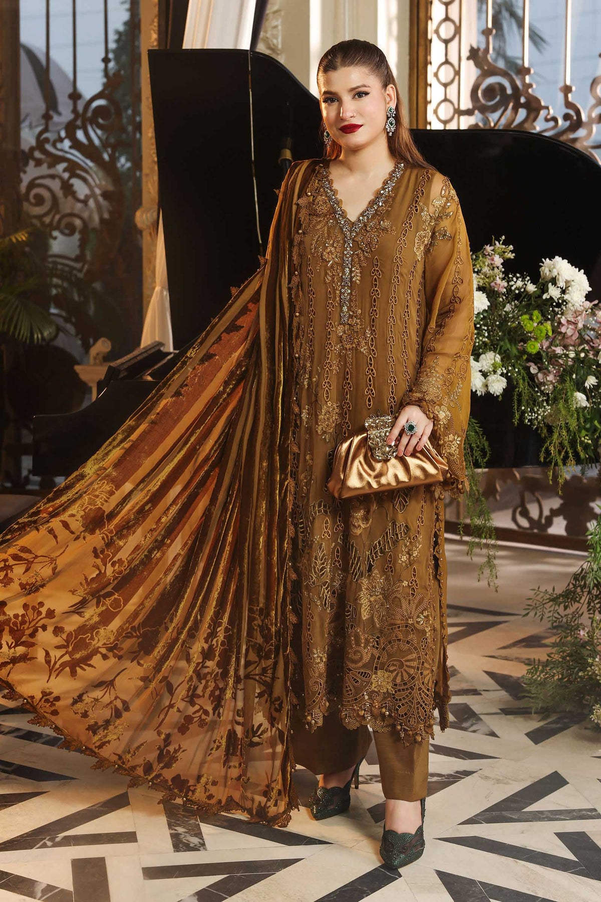 Maria B | Royale Tea Affair | MPC-26-205-Mustard - Formal Dress - available at Maria Faisal in UK and USA.
