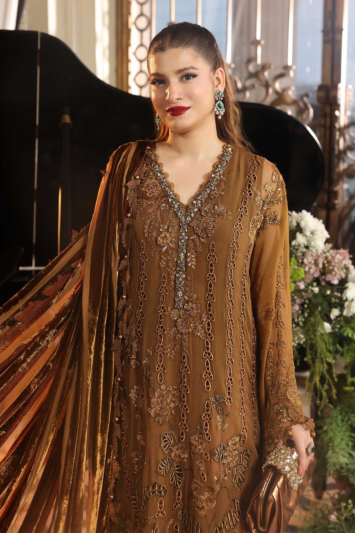 Maria B | Royale Tea Affair | MPC-26-205-Mustard - Formal Dress - available at Maria Faisal in UK and USA.