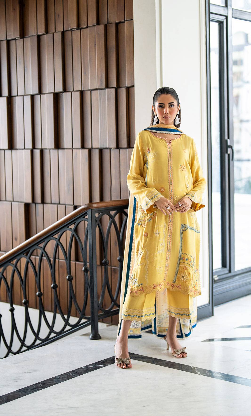 Luxury Pret Mustard Ensemble Dhanak Elegant Outfit