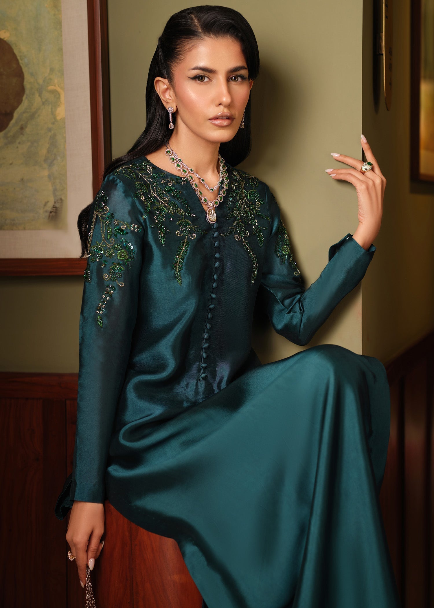 Mahum Asad | Private Hour | Emerald Tonic - Formal Dress - available at Maria Faisal in UK and USA.