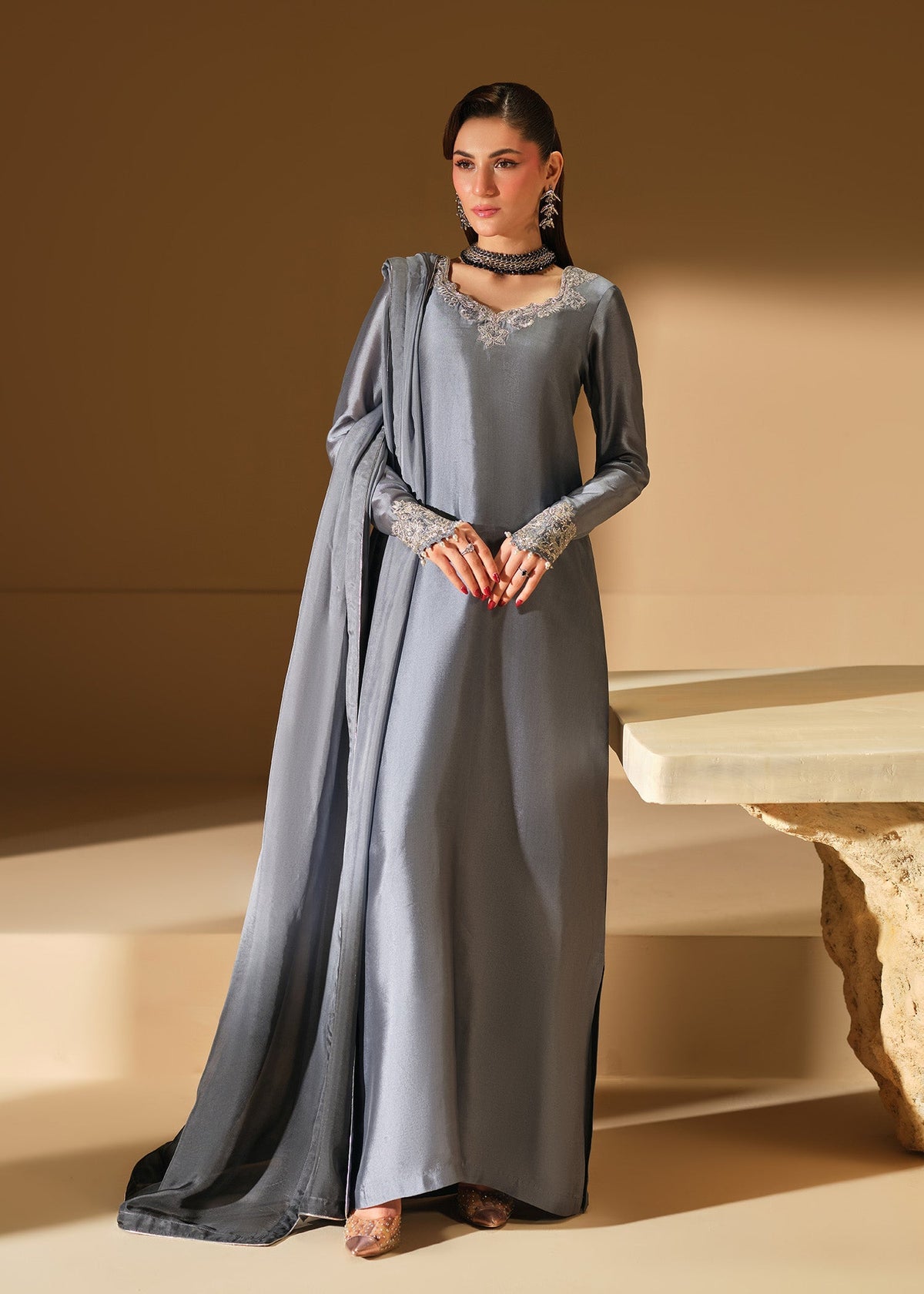 Mahum Asad | The Shadow Line | Slate - Formal Dress - available at Maria Faisal in UK and USA.