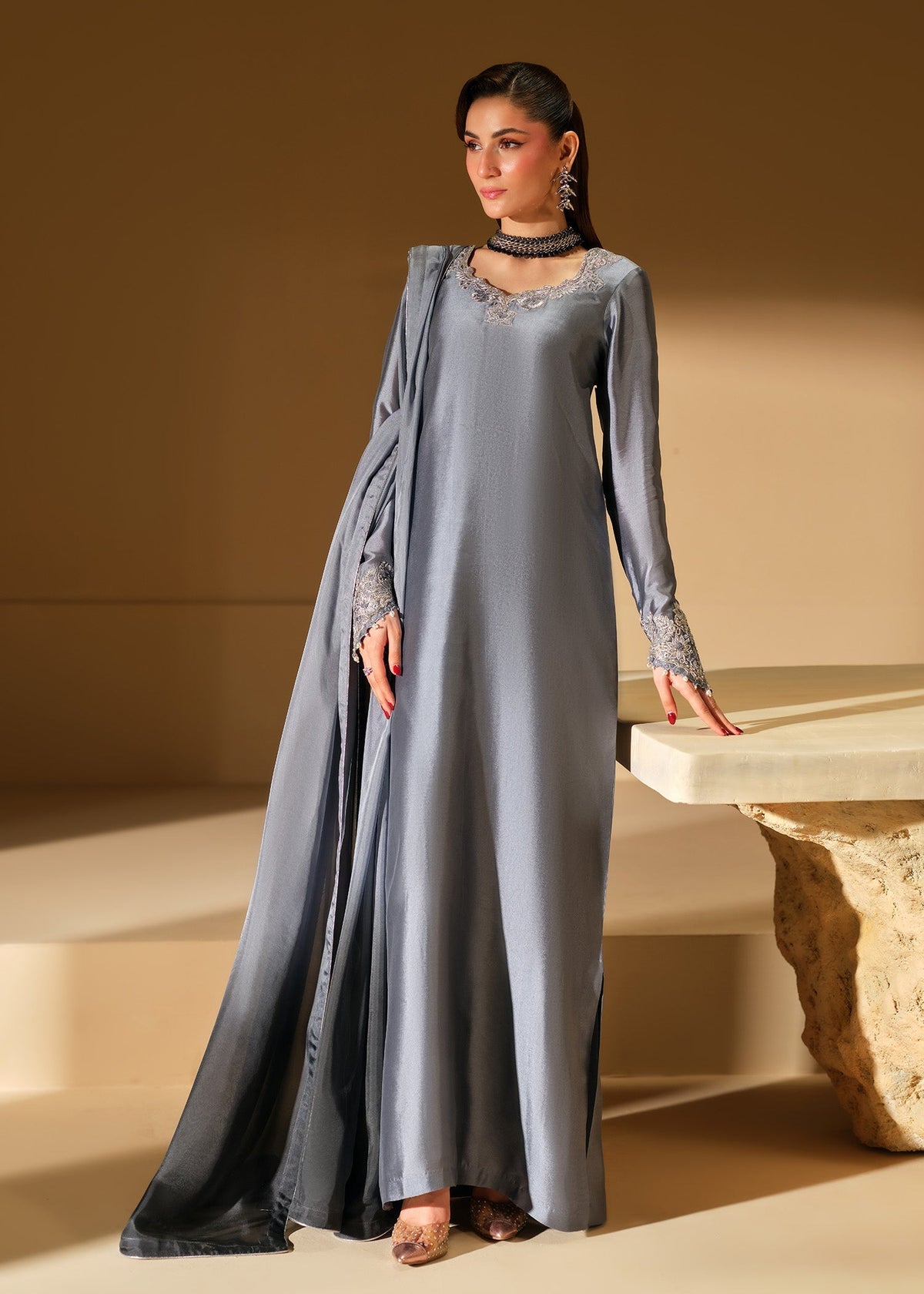 Mahum Asad | The Shadow Line | Slate - Formal Dress - available at Maria Faisal in UK and USA.