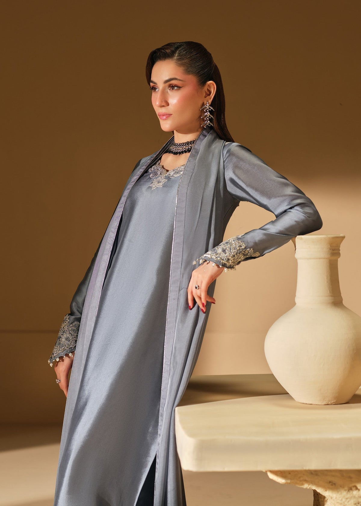 Mahum Asad | The Shadow Line | Slate - Formal Dress - available at Maria Faisal in UK and USA.