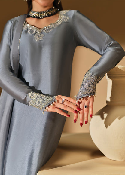 Mahum Asad | The Shadow Line | Slate - Formal Dress - available at Maria Faisal in UK and USA.