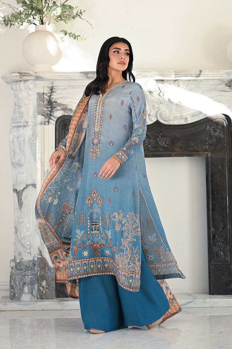 Mina Hasan | Signature Pret | Blue Lagoon - Luxury Dress - available at Maria Faisal in UK and USA.