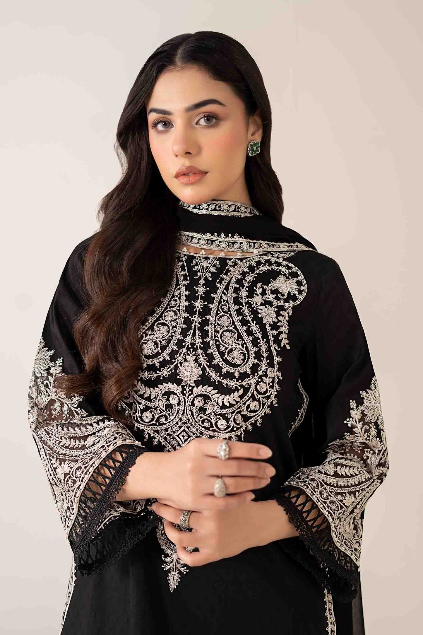 Maria B | Pre Fall Dresses | 3 Piece Embroidered Dobby Suit Black4 - Ladies Clothes - Maria Faisal