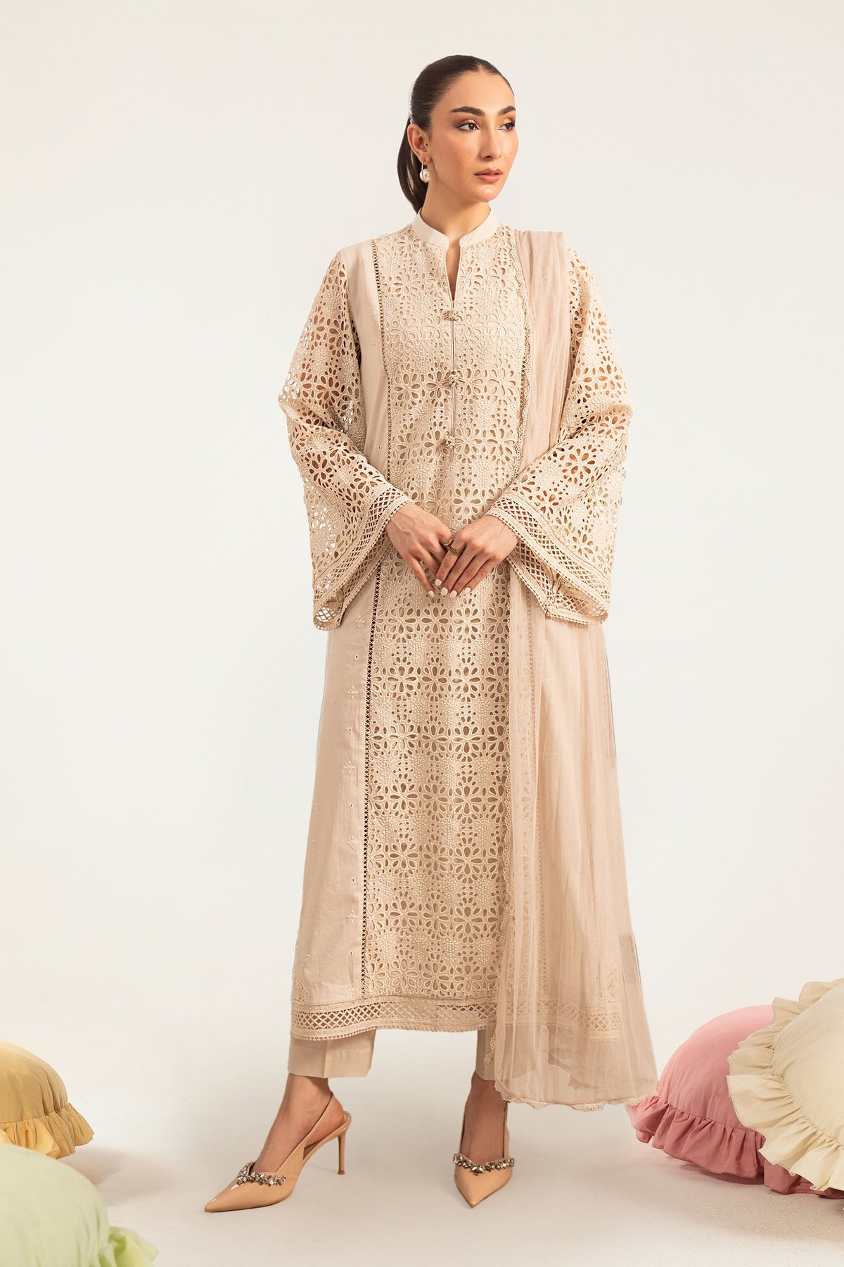 Maria B | Luxury Pret Pre Fall | DW-PF26-18-BEIGE - Luxury Dress - available at Maria Faisal in UK and USA.