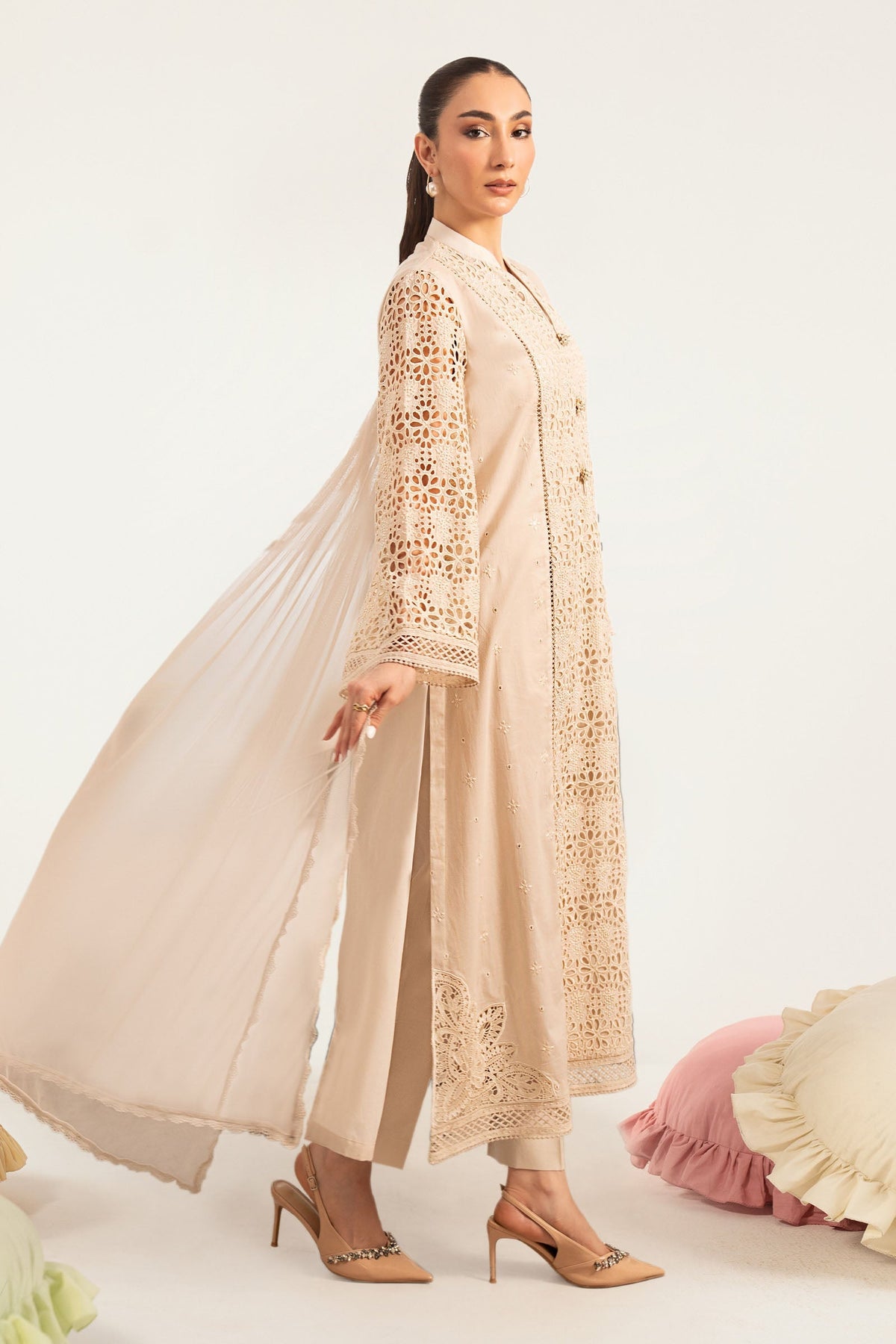 Maria B | Luxury Pret Pre Fall | DW-PF26-18-BEIGE - Luxury Dress - available at Maria Faisal in UK and USA.