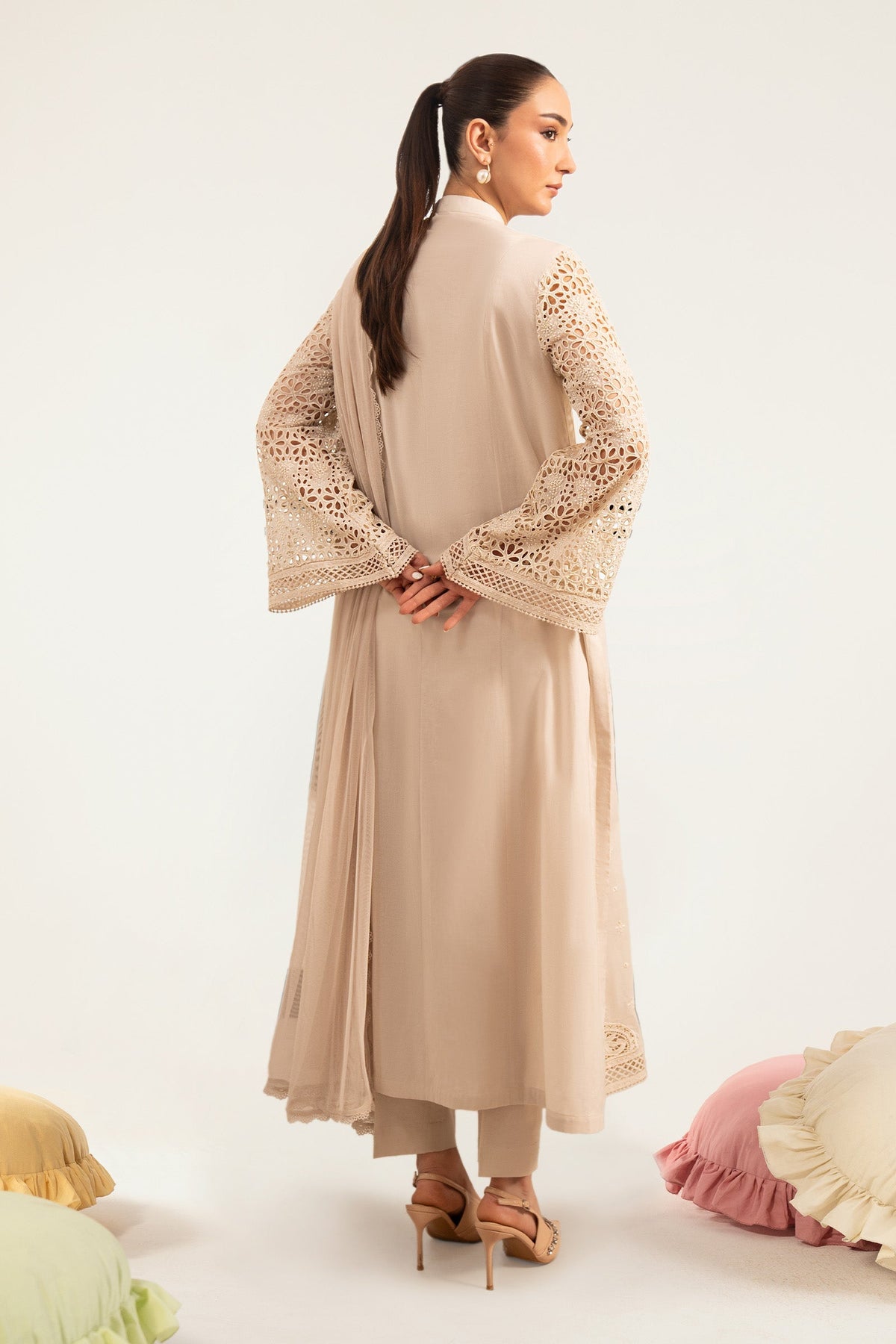 Maria B | Luxury Pret Pre Fall | DW-PF26-18-BEIGE - Luxury Dress - available at Maria Faisal in UK and USA.