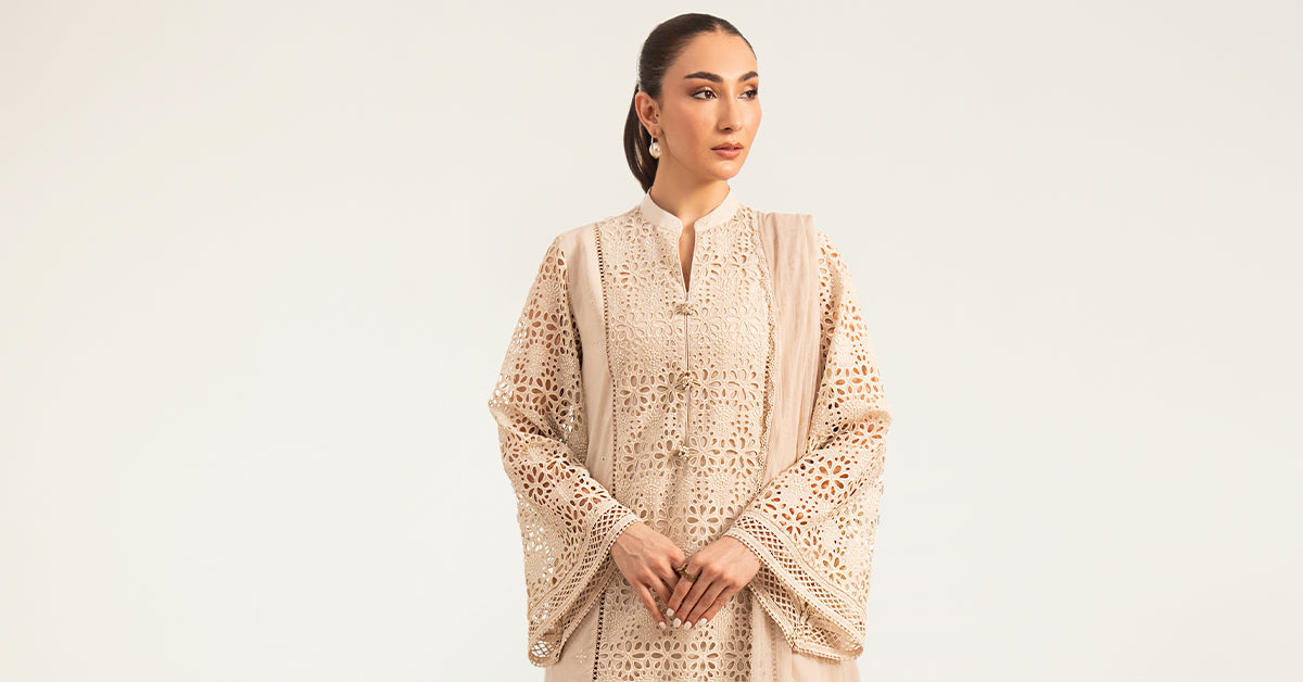 Maria B | Luxury Pret Pre Fall | DW-PF26-18-BEIGE - Luxury Dress - available at Maria Faisal in UK and USA.