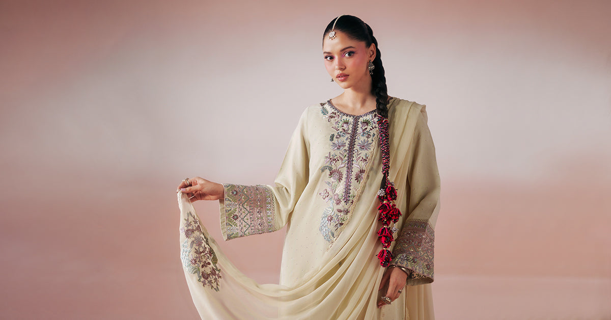 Maria B | Luxury Pret Pre Fall | DW-PF26-19-BEIGE - Luxury Dress - available at Maria Faisal in UK and USA.