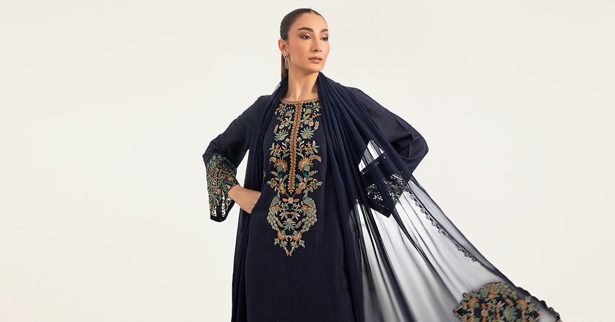 Maria B | Luxury Pret Pre Fall | DW-PF26-19-Blue - Luxury Dress - available at Maria Faisal in UK and USA.