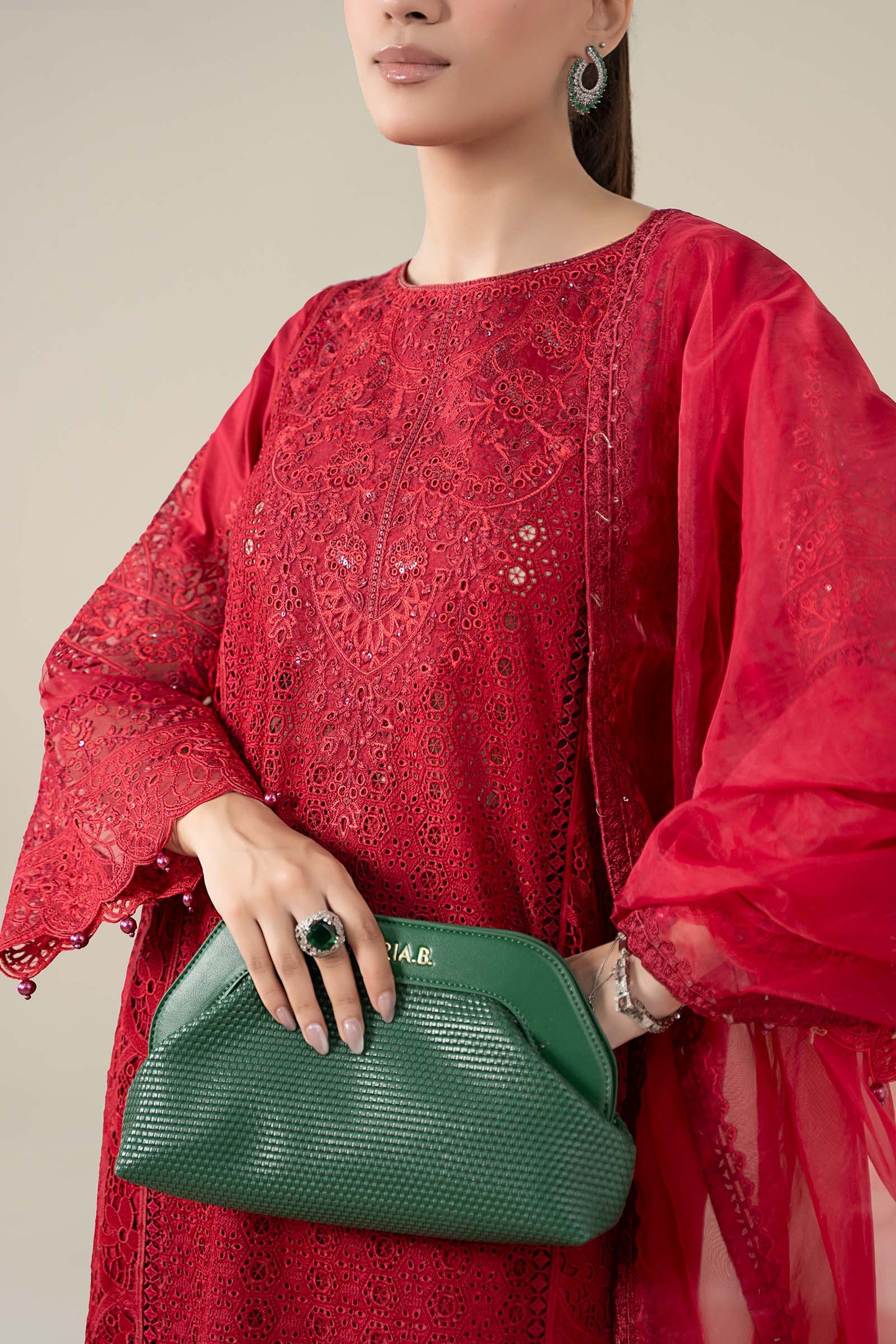 Maria B | Pre Fall Dresses | 3 Piece Embroidered Lawn Suit Red - Ladies Clothes - Maria Faisal