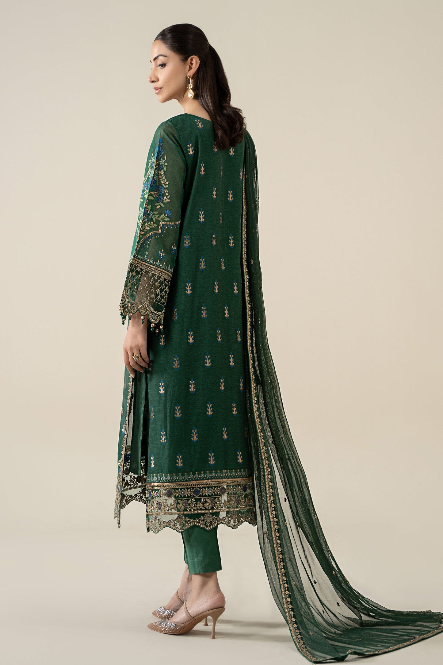 Maria B | Pre Fall Dresses | 3 Piece Embroidered Jacquard Suit Dark Teal Green - Ladies Clothes - Maria Faisal