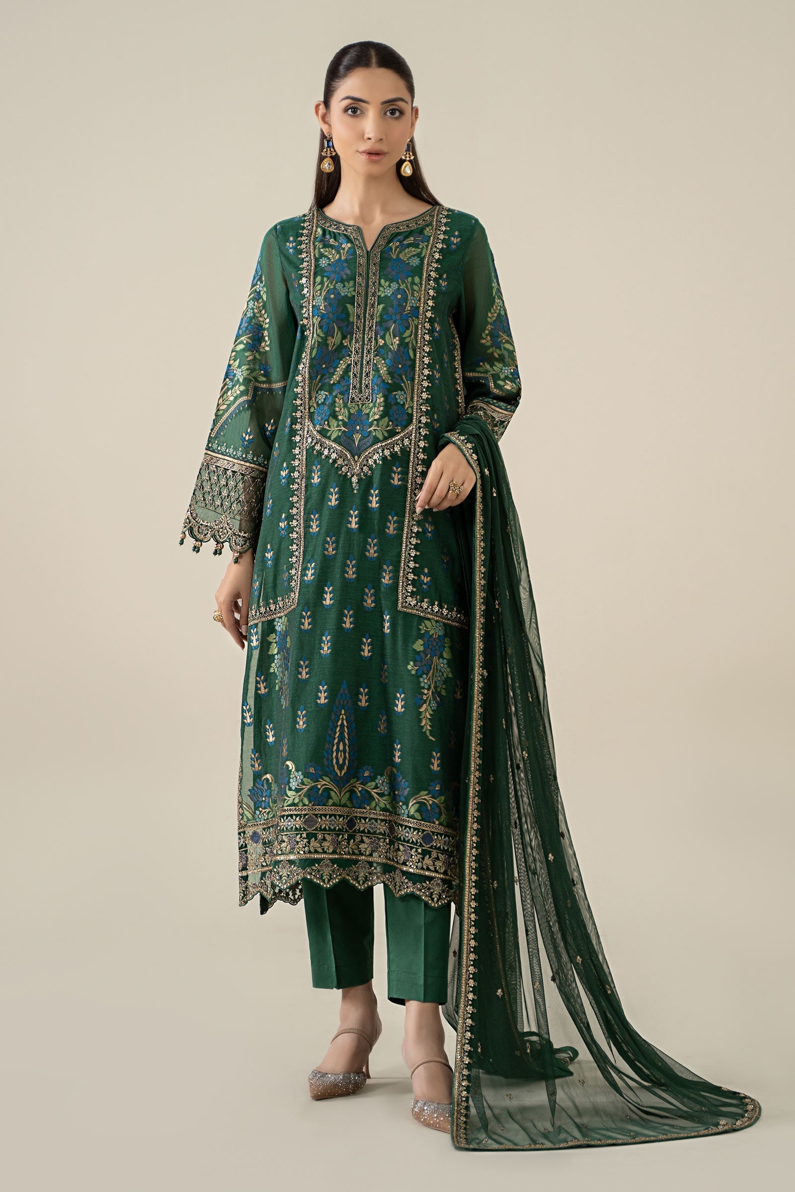 Maria B | Pre Fall Dresses | 3 Piece Embroidered Jacquard Suit Dark Teal Green - Ladies Clothes - Maria Faisal