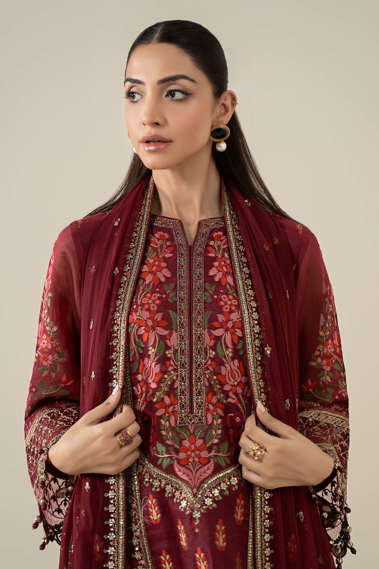 Maria B | Pre Fall Dresses | 3 Piece Embroidered Jacquard Suit Red - Ladies Clothes - Maria Faisal