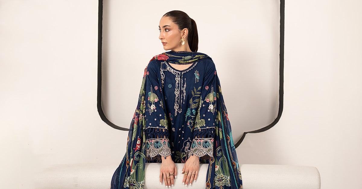 Maria B | Luxury Pret Pre Fall | DW-EA26-11-Blue - Luxury Dress - available at Maria Faisal in UK and USA.