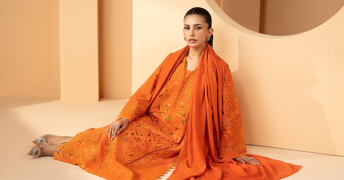 Maria B | Luxury Pret Pre Fall | DW-EF26-30-Orange - Luxury Dress - available at Maria Faisal in UK and USA.