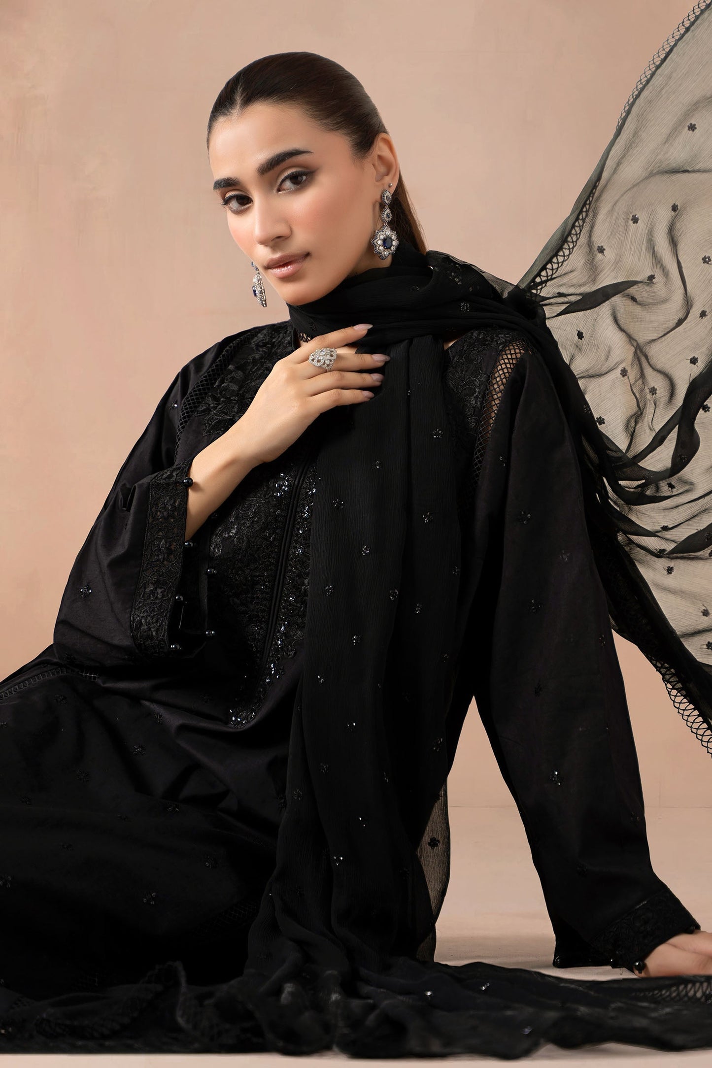 Maria B | Pre Fall Dresses | 3 Piece Embroidered Self Jacquard Suit Black1 - Ladies Clothes - Maria Faisal