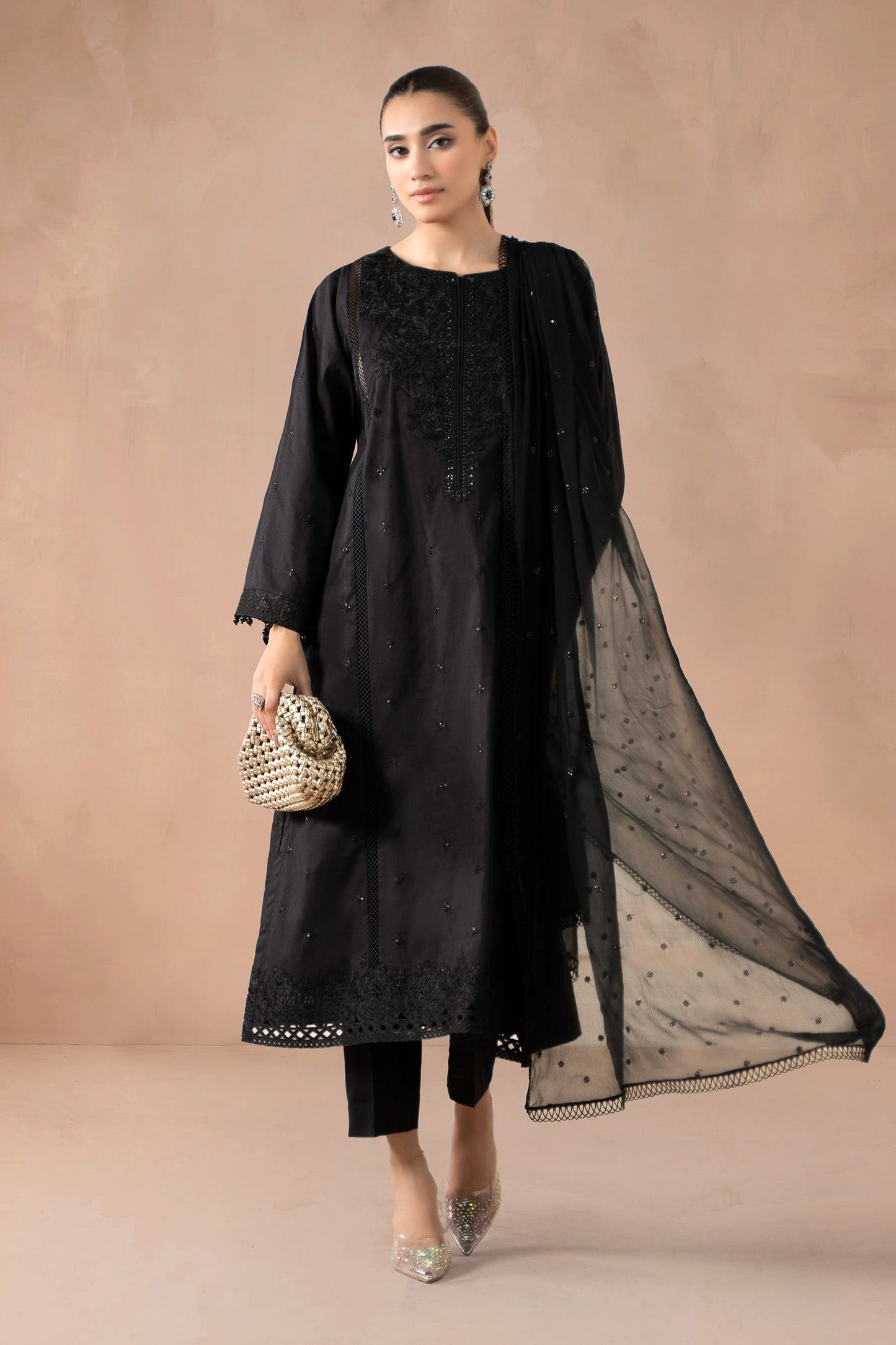 Maria B | Pre Fall Dresses | 3 Piece Embroidered Self Jacquard Suit Black1 - Ladies Clothes - Maria Faisal