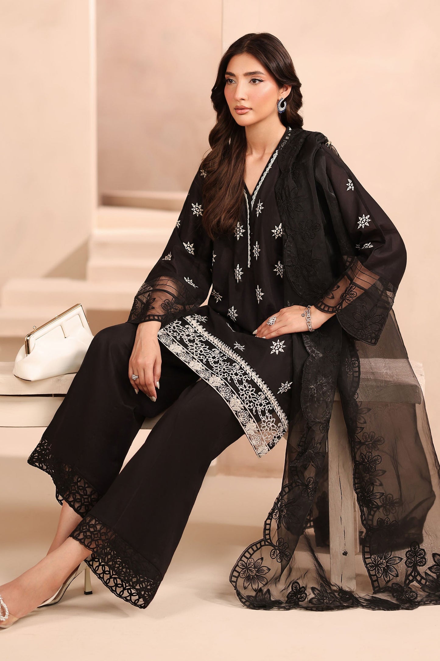 Maria B | Pre Fall Dresses | 3 Piece Embroidered Lawn Suit Black - Ladies Clothes - Maria Faisal