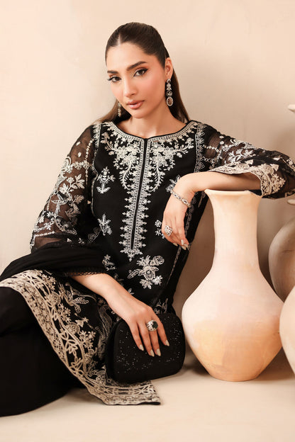 Maria B | Pre Fall Dresses | 3 Piece Embroidered Cotton Net Suit Black - Ladies Clothes - Maria Faisal