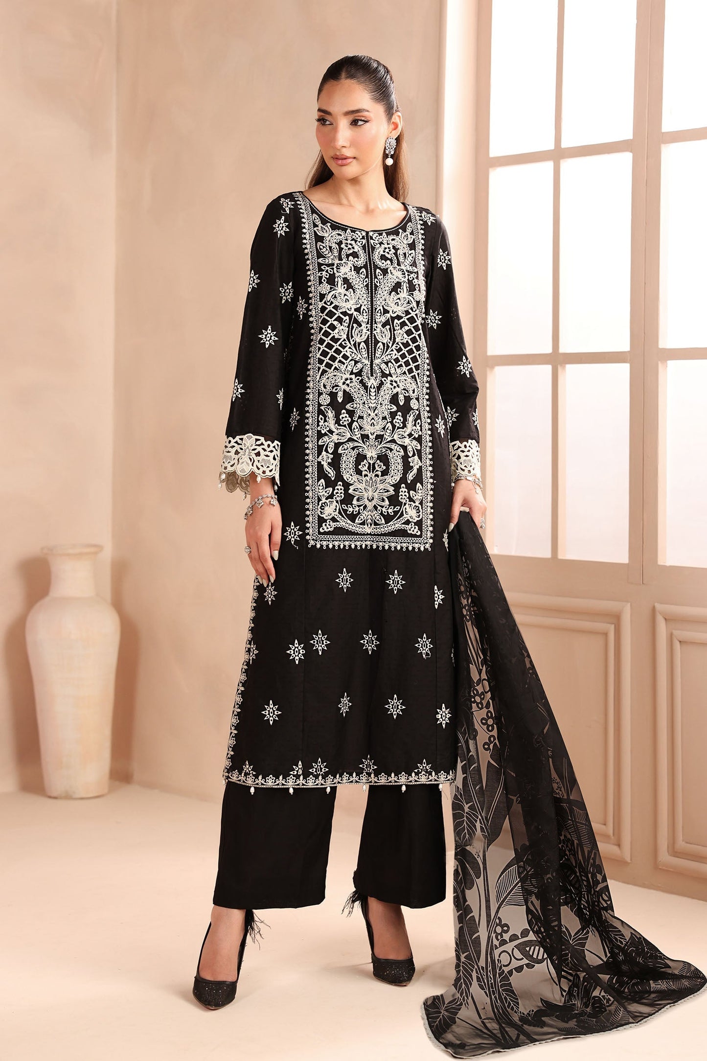 Maria B | Pre Fall Dresses | 3 Piece Embroidered Dobby Suit Black - Ladies Clothes - Maria Faisal