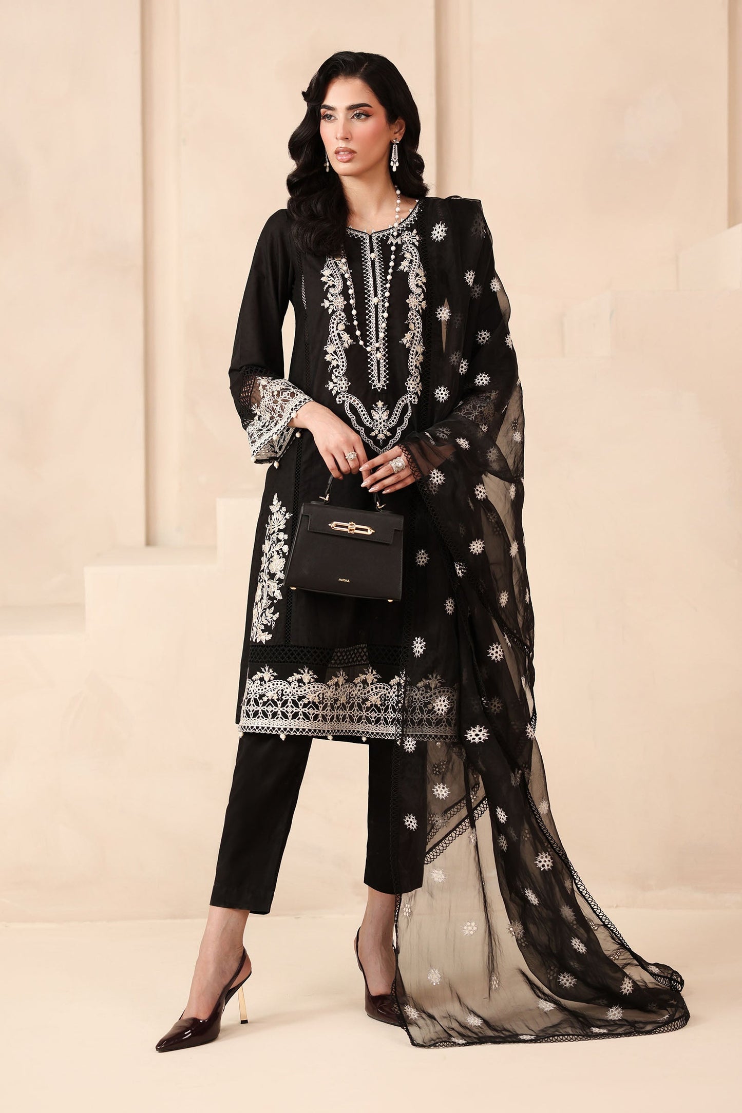 Maria B | Pre Fall Dresses | 3 Piece Embroidered Dobby Suit Black3 - Ladies Clothes - Maria Faisal